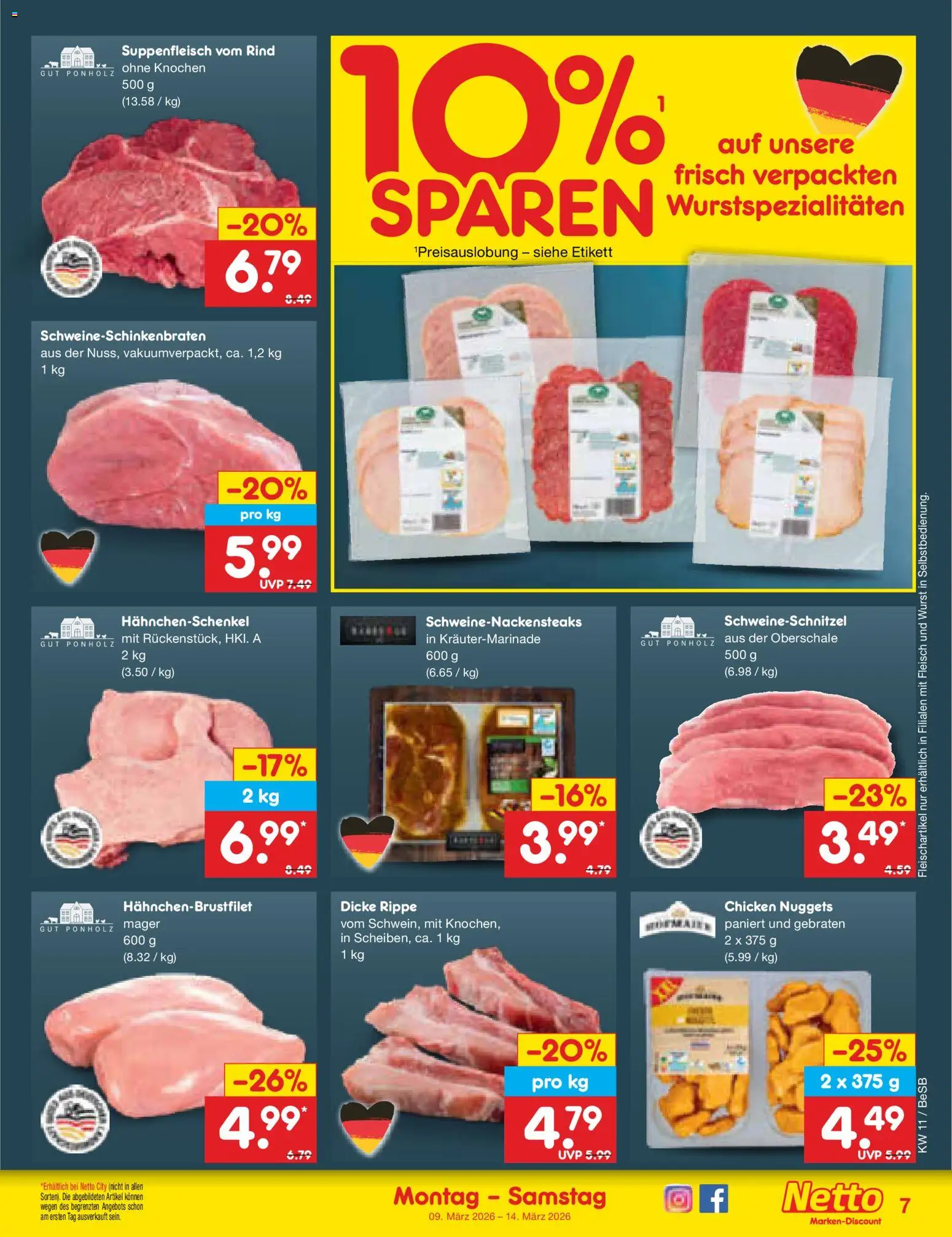 Netto Marken-Discount Prospekt 	 – gültig ab 09.03.2026 | Seite: 7 | Produkte: Hahnchenschenkel, Suppenfleisch, Wurst, Fleisch
