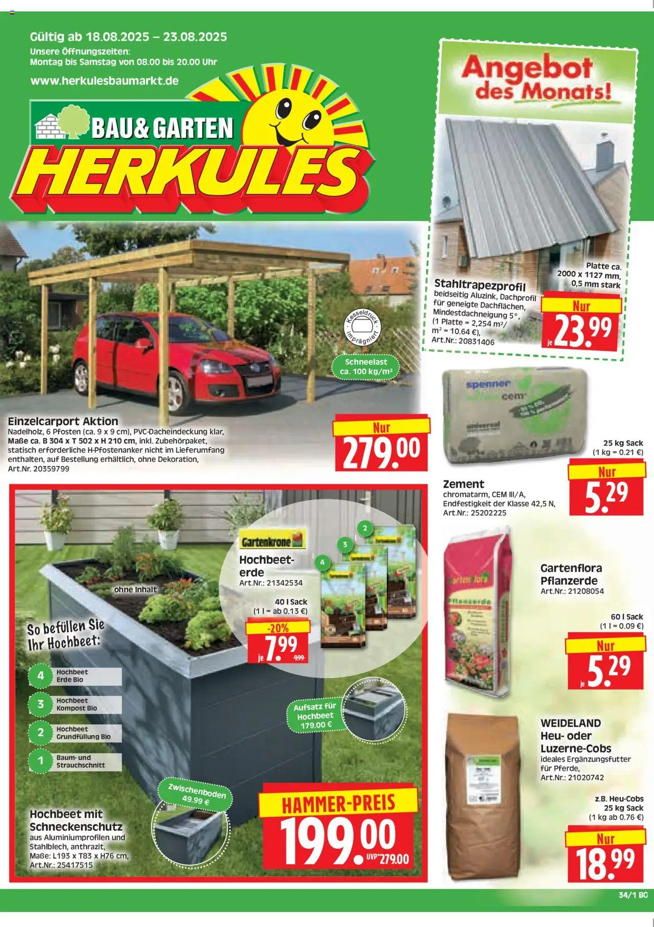 HERKULES Bau & Garten	 - gültig ab dem 18.08.2025 | Seite: 1 | Produkte: Hochbeet, Pflanzerde, Uhr