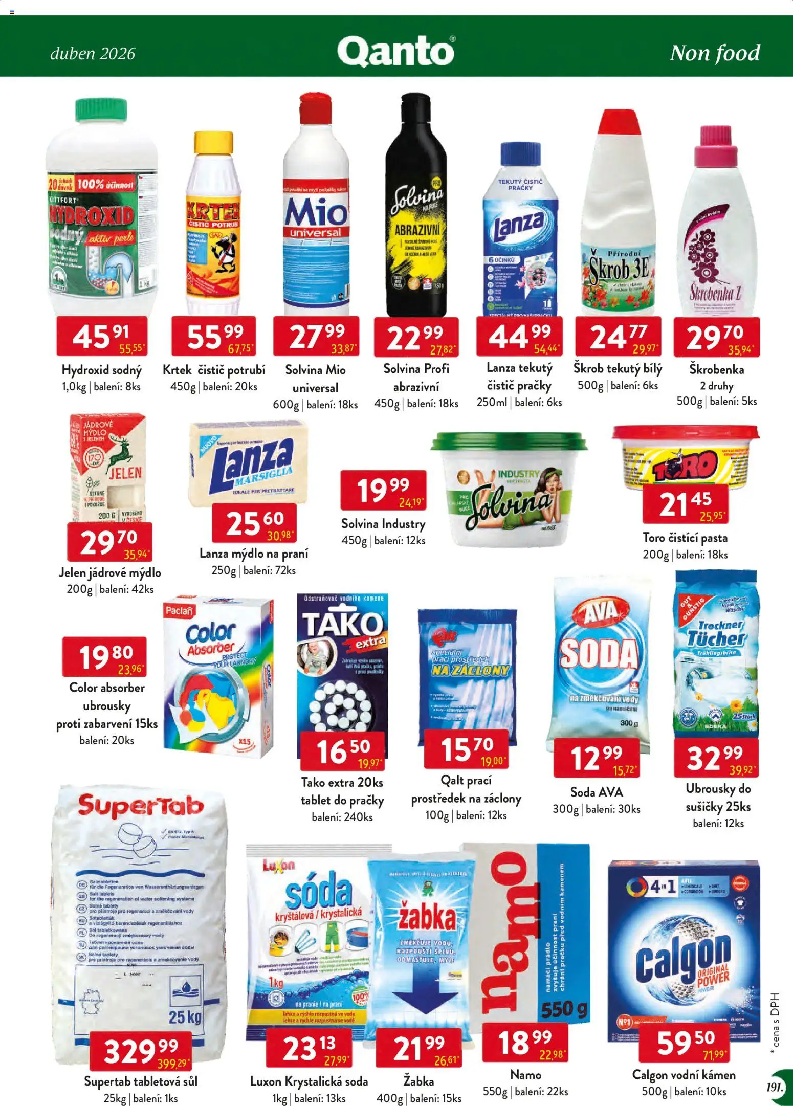 Astur & Qanto leták - Velkoobchod 04/2026 od 01.04.2026 | Strana: 191 | Produkty: Jelen, Ubrousky, Hydroxid sodný, Calgon