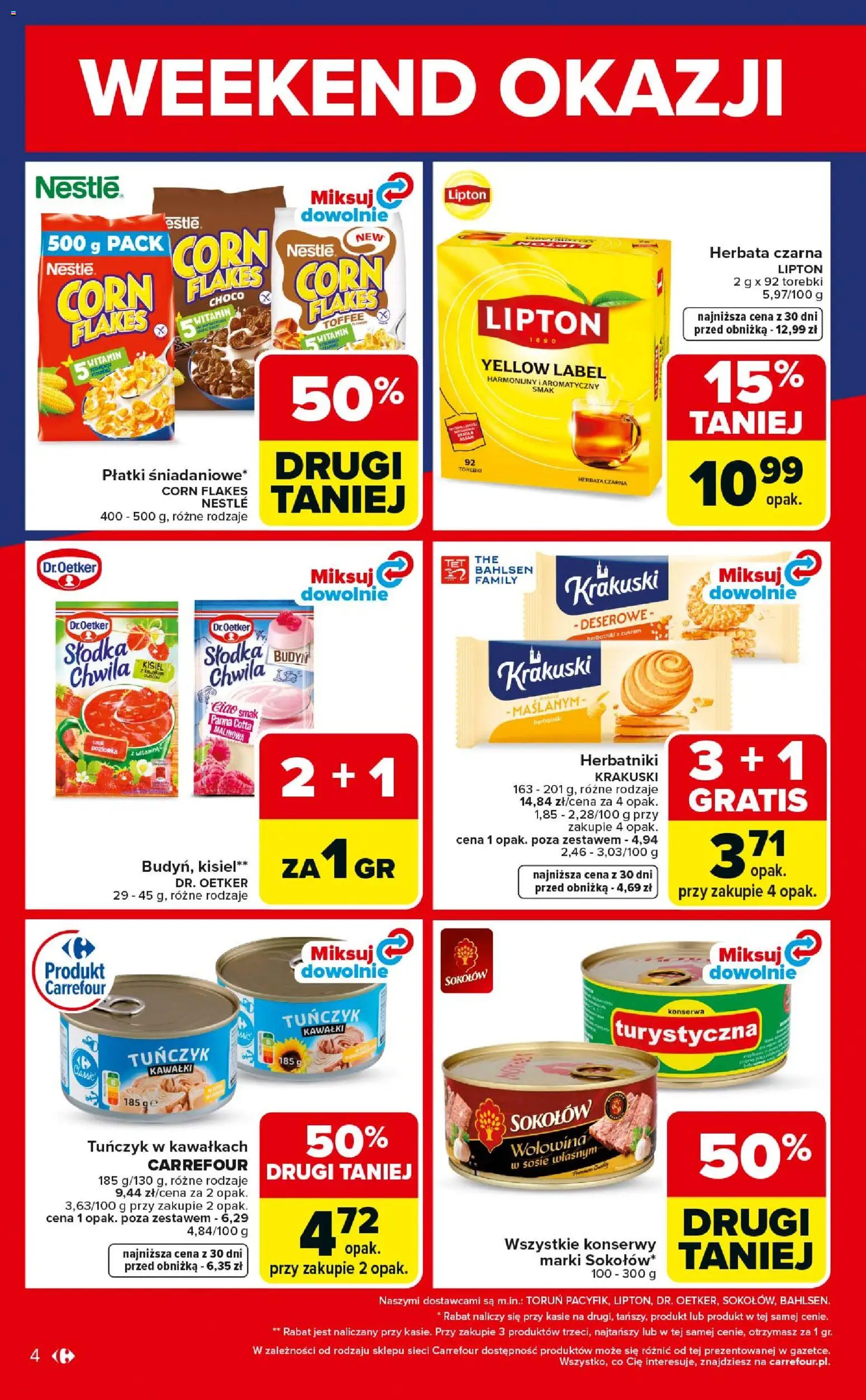 Carrefour gazetka - Weekend okazji od 23.04.2026 | Strona: 4 | Produkty: Tuńczyk, Herbatniki, Herbata, Corn Flakes