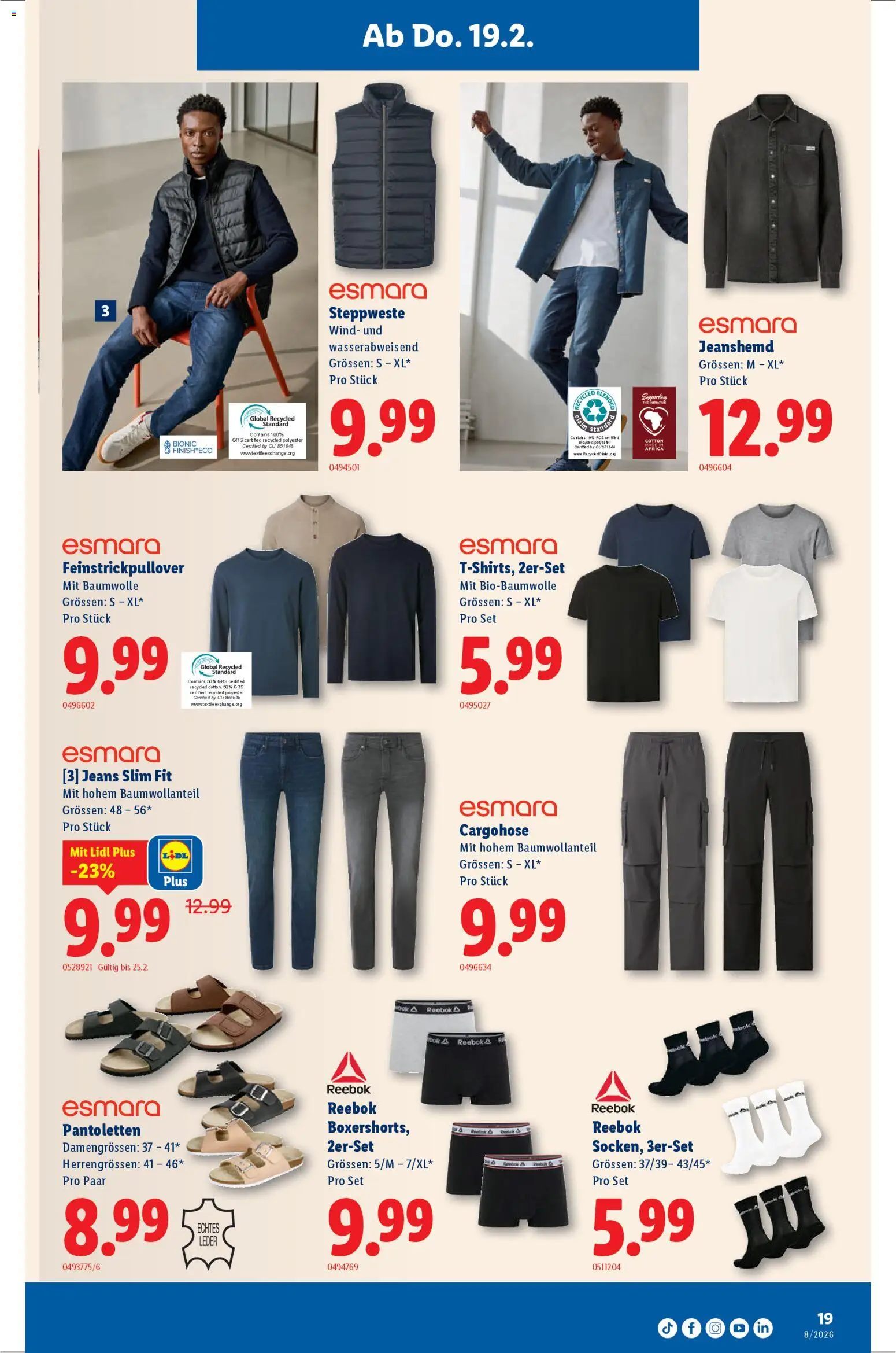 Lidl Aktionen – gültig ab 19.02.2026 | Seite: 19 | Produkte: Steppweste, Jeanshemd, Cargohose, Jeans