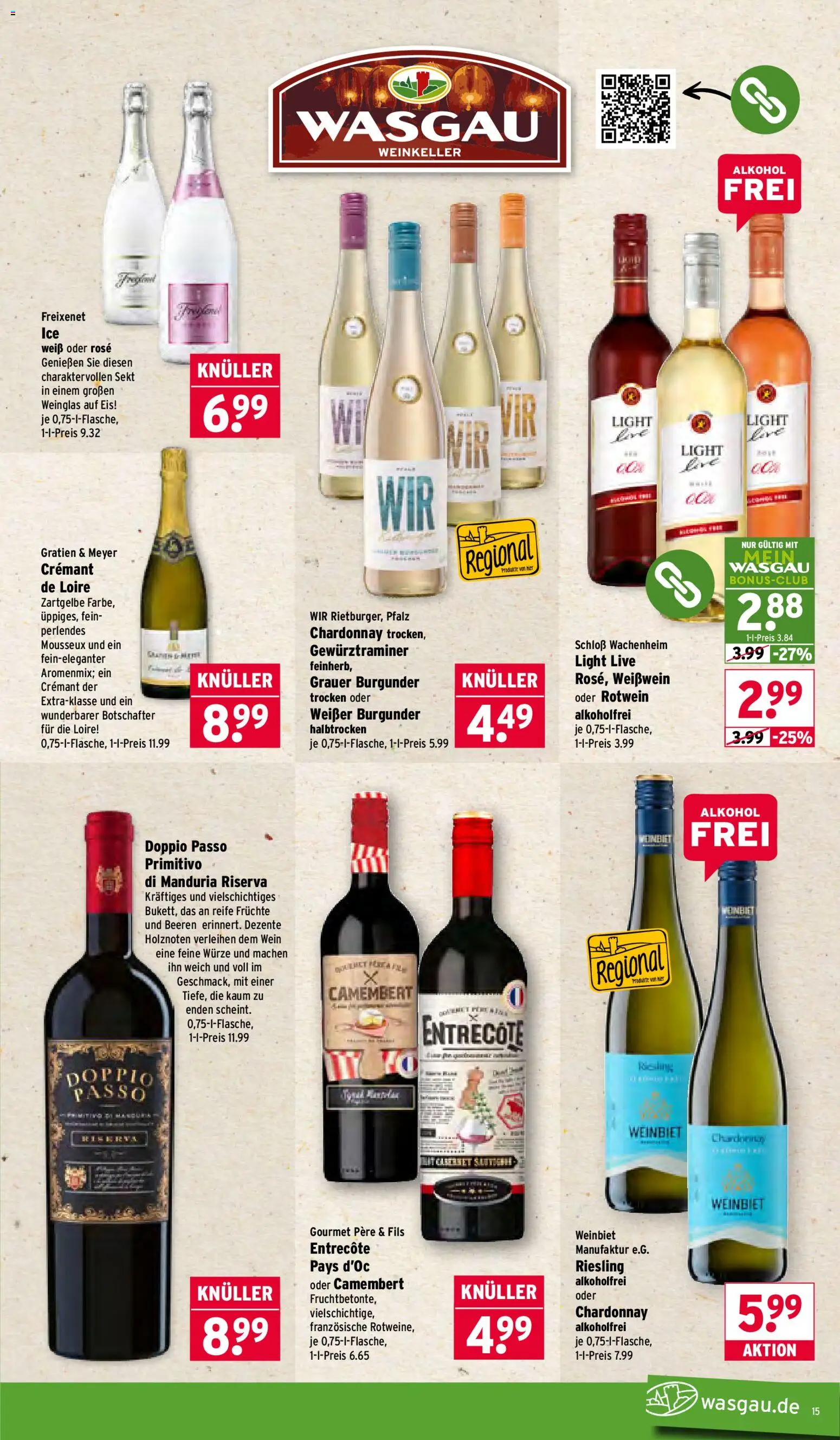 Wasgau Prospekt 	 – gültig ab 05.01.2026 | Seite: 15 | Produkte: Freixenet, Weißwein, Doppio passo primitivo, Wein