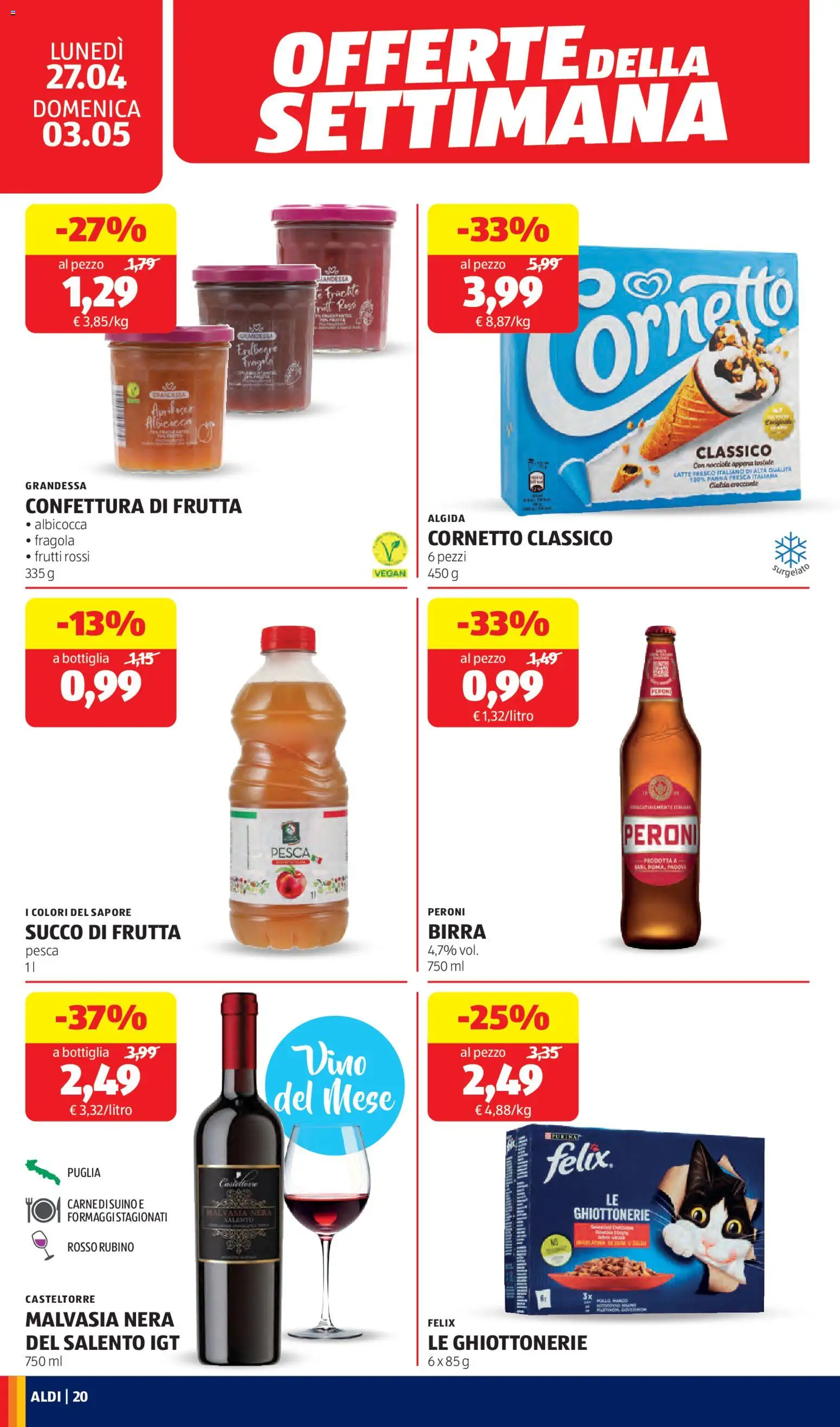 Volantino Aldi del 27.04.2026 | Pagina: 20 | Prodotti: Birra, Fragole, Pesca, Nocciole
