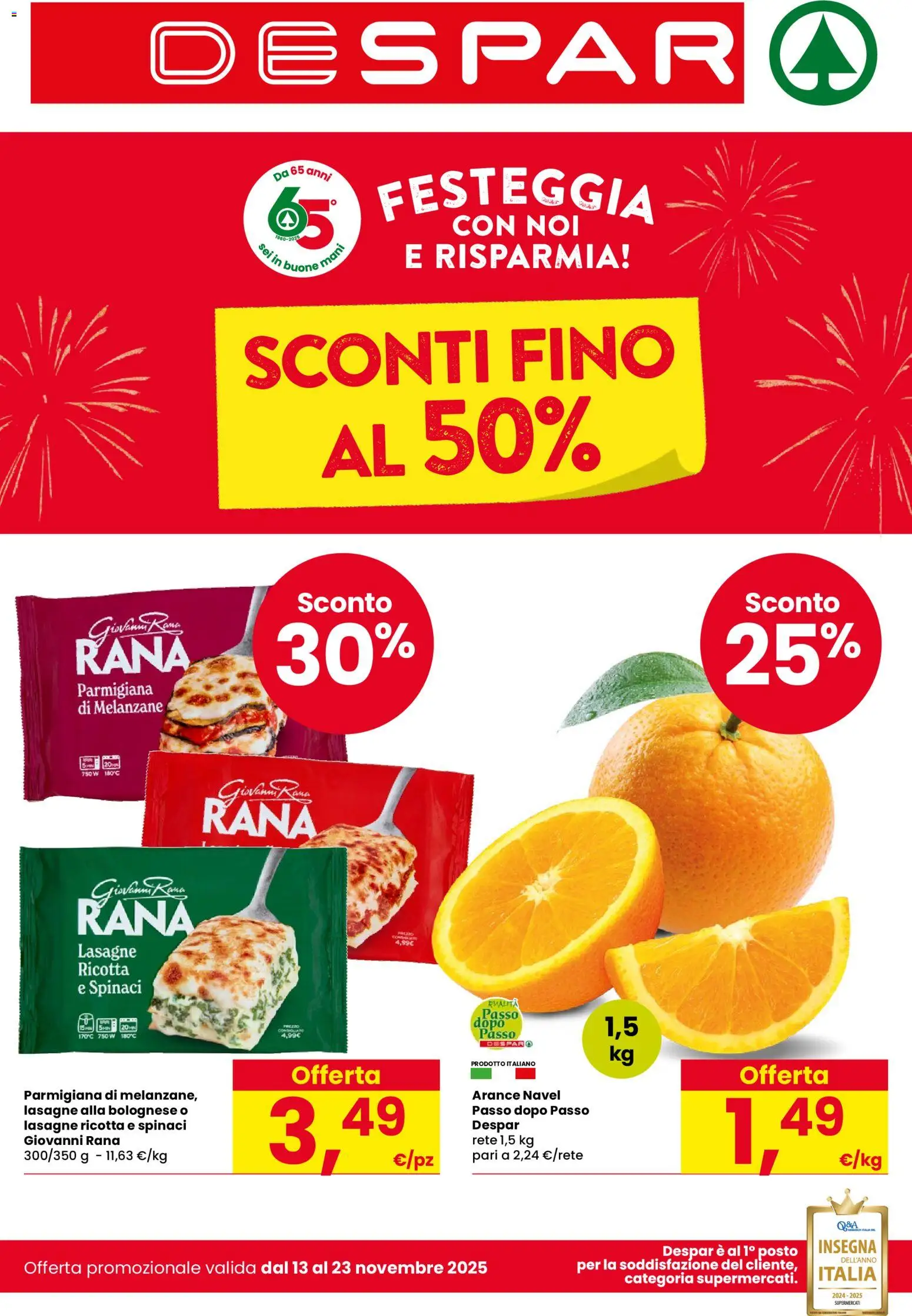 Volantino Despar del 13.11.2025 | Pagina: 1 | Prodotti: Arance, Spinaci, Melanzane, Ricotta