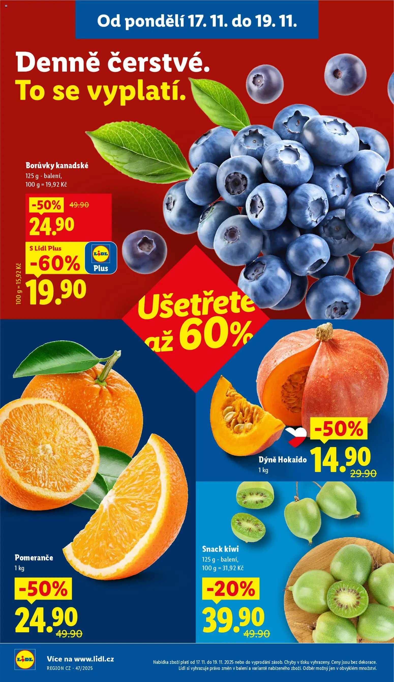Lidl Black Friday od 17.11.2025 | Strana: 10 | Produkty: Pomeranče, Kiwi, Borůvky, Dýně
