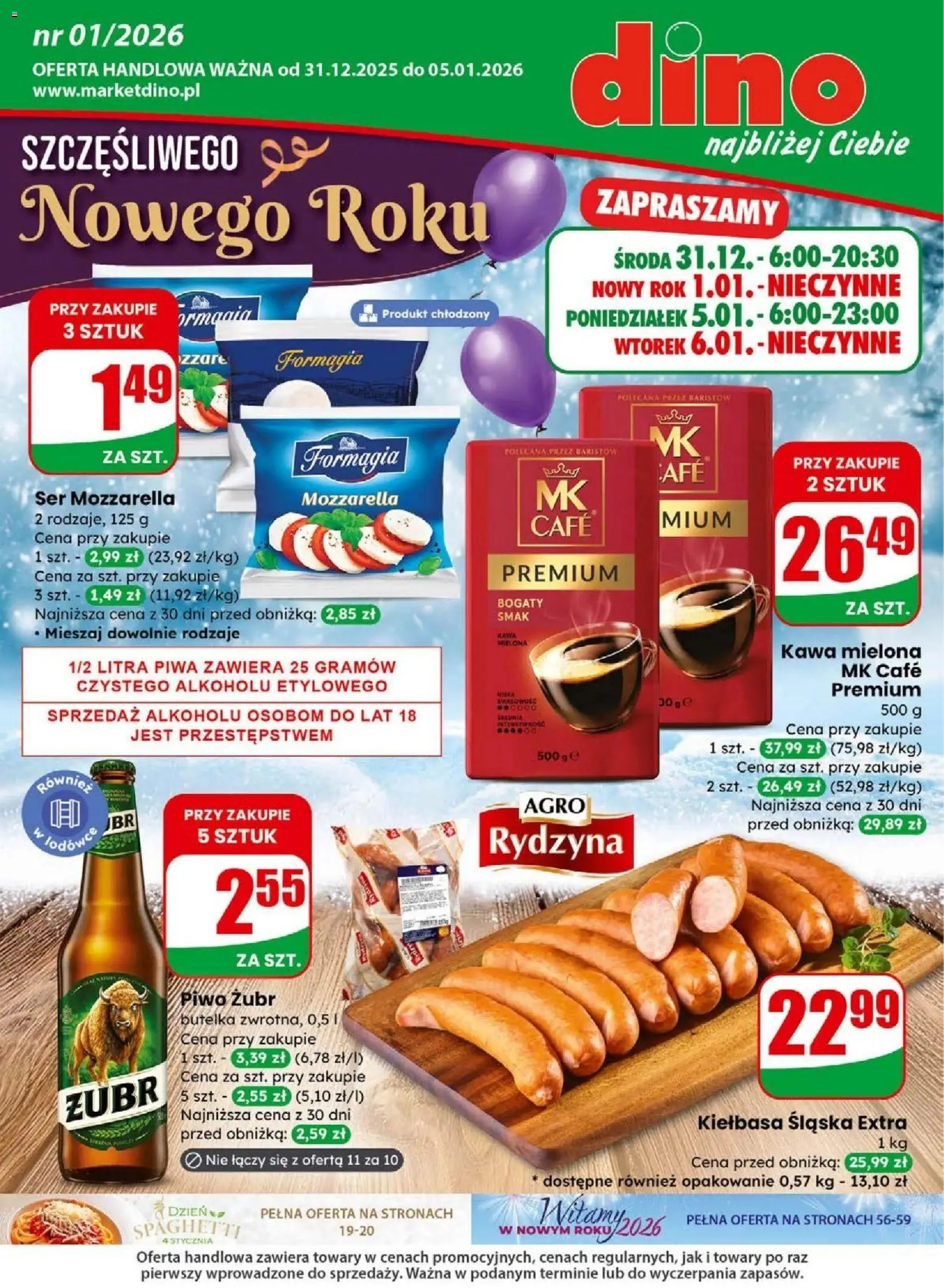 Dino Gazetka od 31.12.2025 | Strona: 1 | Produkty: Kiełbasa śląska, Kawa, Piwo, Mozzarella