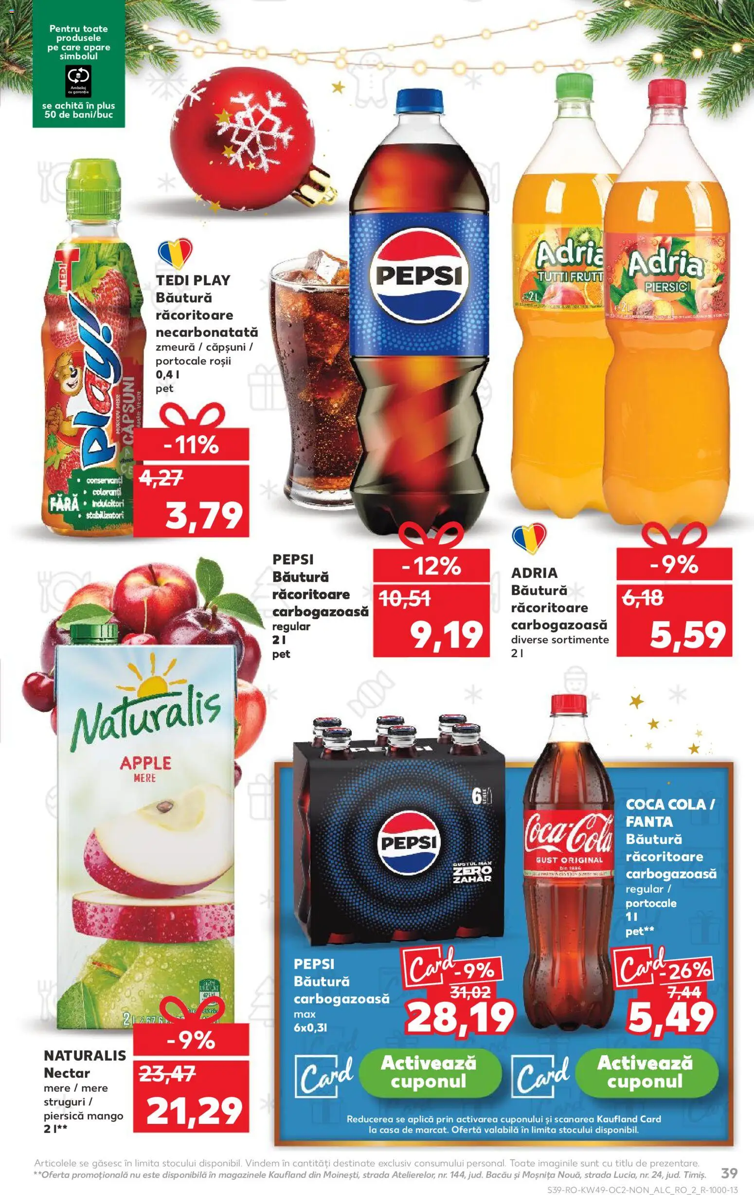 Kaufland RO akciós ujság - amely érvényes a következő dátumtól: 03.12.2025 | Oldal: 39 | Termékek: Pepsi, Fanta, Cola, Mangó