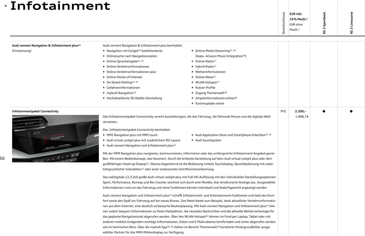 Audi RS 3 Sportback / RS 3 Limousine – gültig ab 25.10.2025 | Seite: 56 | Produkte: Navigation, Soundsystem, Tablet