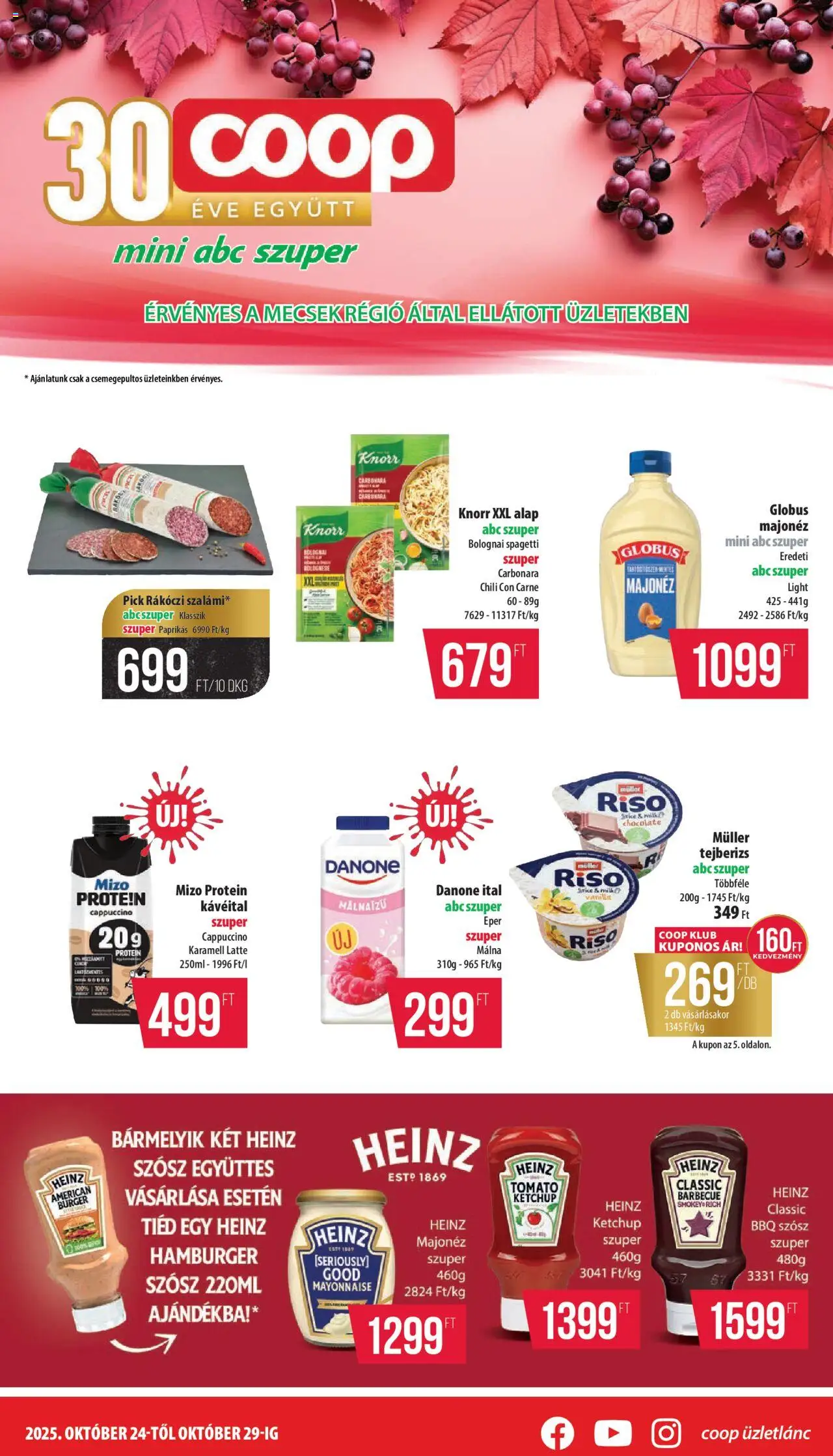 COOP akciós ujság - amely érvényes a következő dátumtól: 24.10.2025 | Oldal: 1 | Termékek: Chili, Tejberizs, Hamburger, Protein