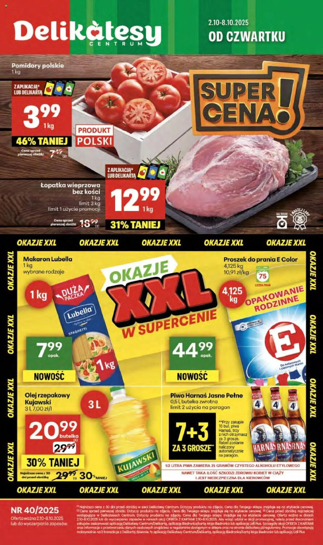 Delikatesy Centrum Gazetka od 02.10.2025 | Strona: 1 | Produkty: Łopatka wieprzowa, Piwo, Pomidory, Makaron