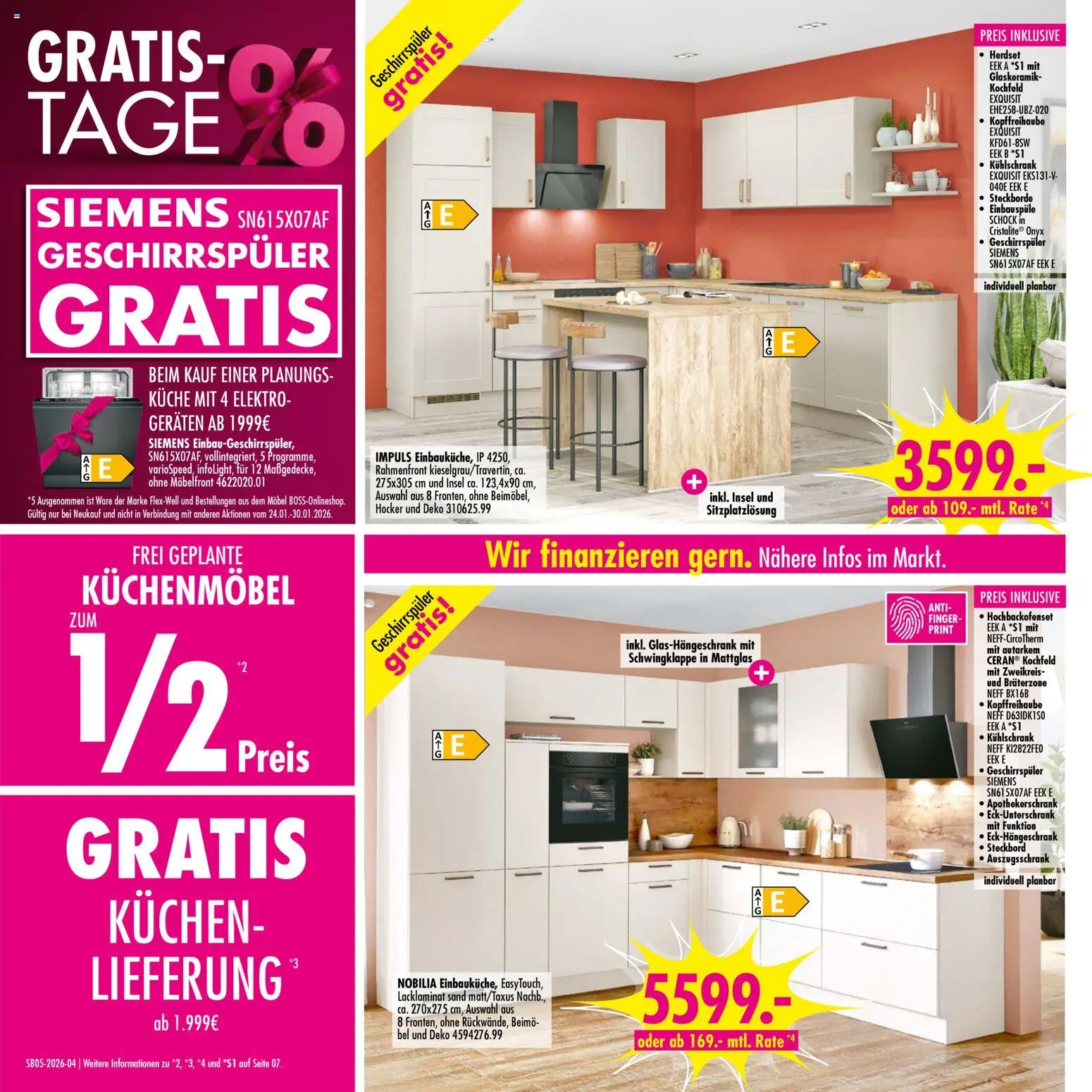 SB Möbel Boss Prospekt 	 – gültig ab 24.01.2026 | Seite: 4 | Produkte: Siemens, Neff, Kühlschrank, Kuchen