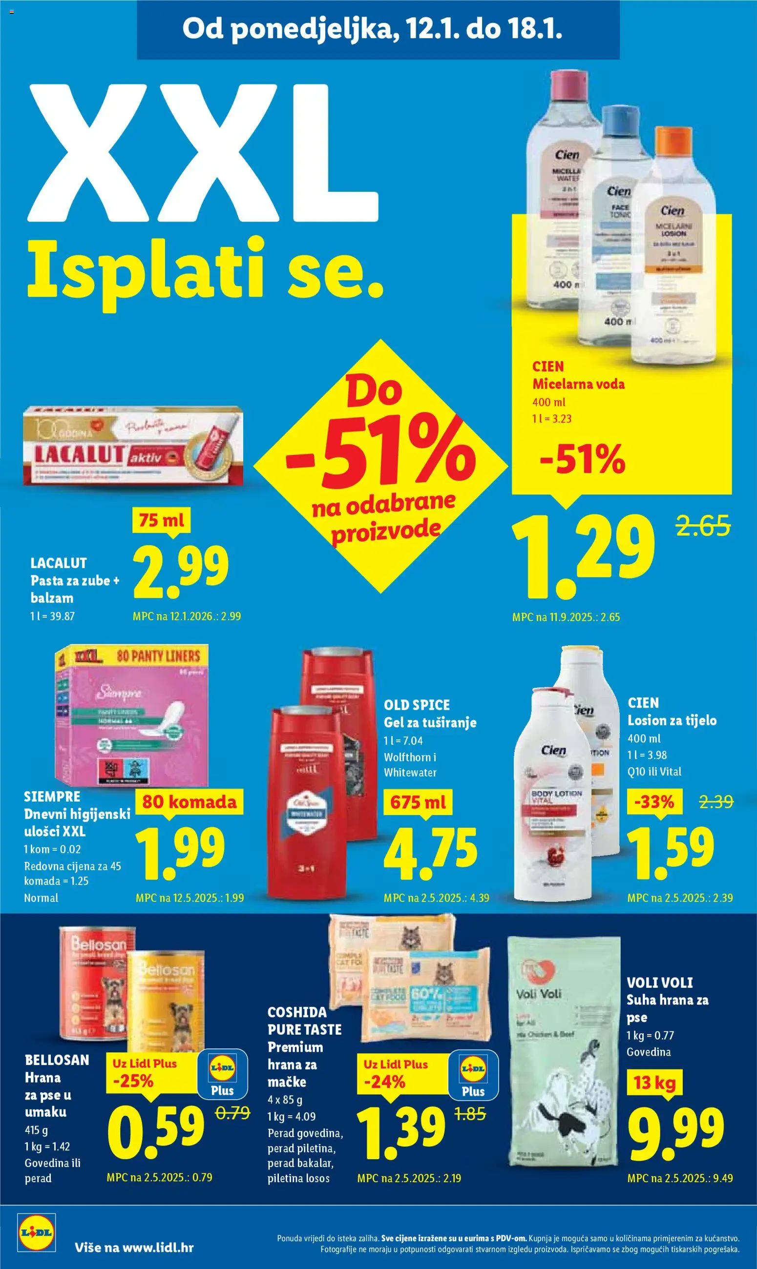 Lidl katalog | vrijedi od 12.01.2026 | Stranica: 14 | Proizvodi: Higijenski ulošci, Voda, Hrana za mačke, Suha hrana za pse