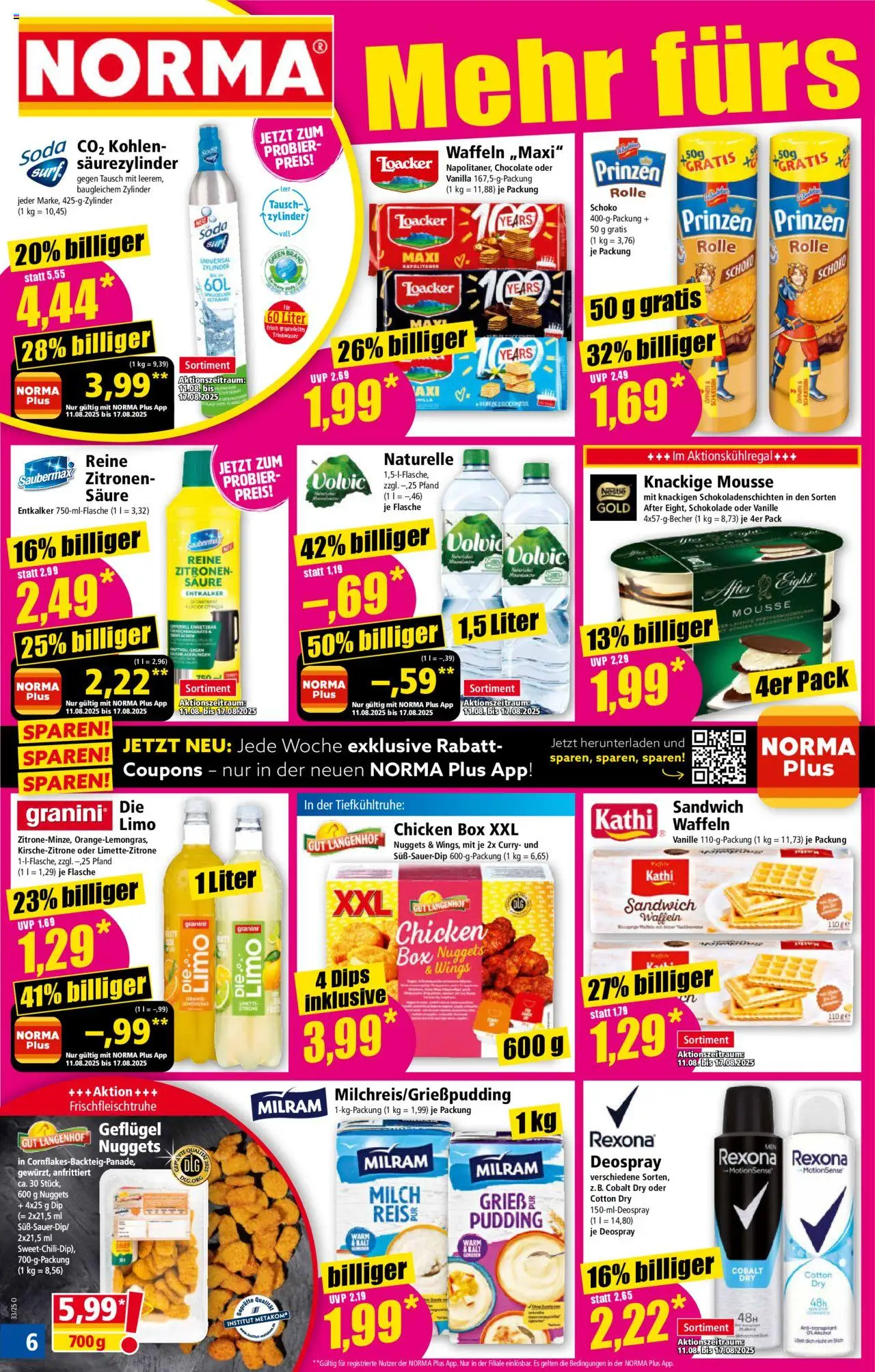 Norma Prospekt 	 - gültig ab dem 11.08.2025 | Seite: 6 | Produkte: Waffeln, Milram, Deospray, Volvic