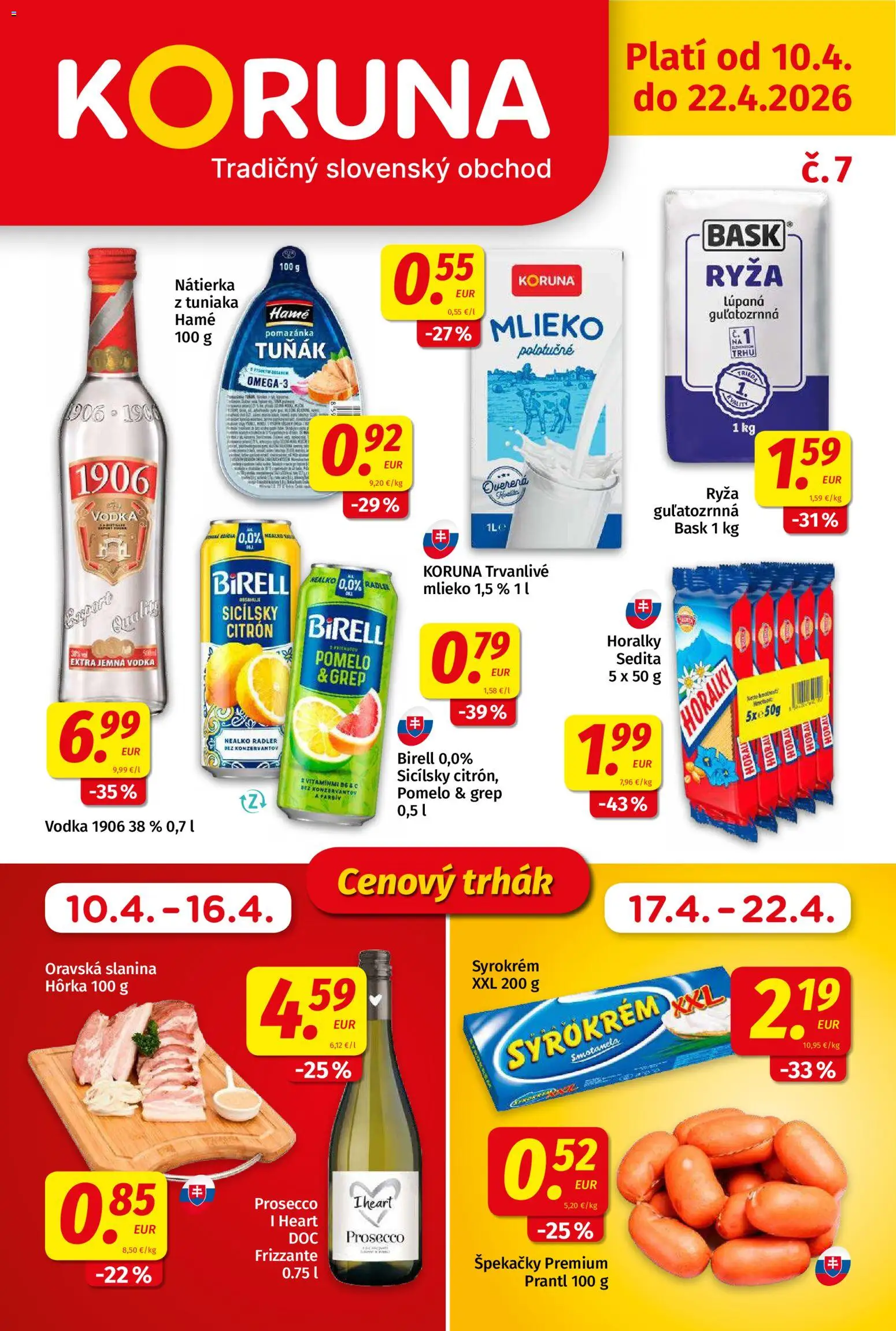 Nové Koruna akcie – leták je platný od 10.04.2026 | Strana: 1 | Produkty: Birell, Slanina, Radler, Vodka