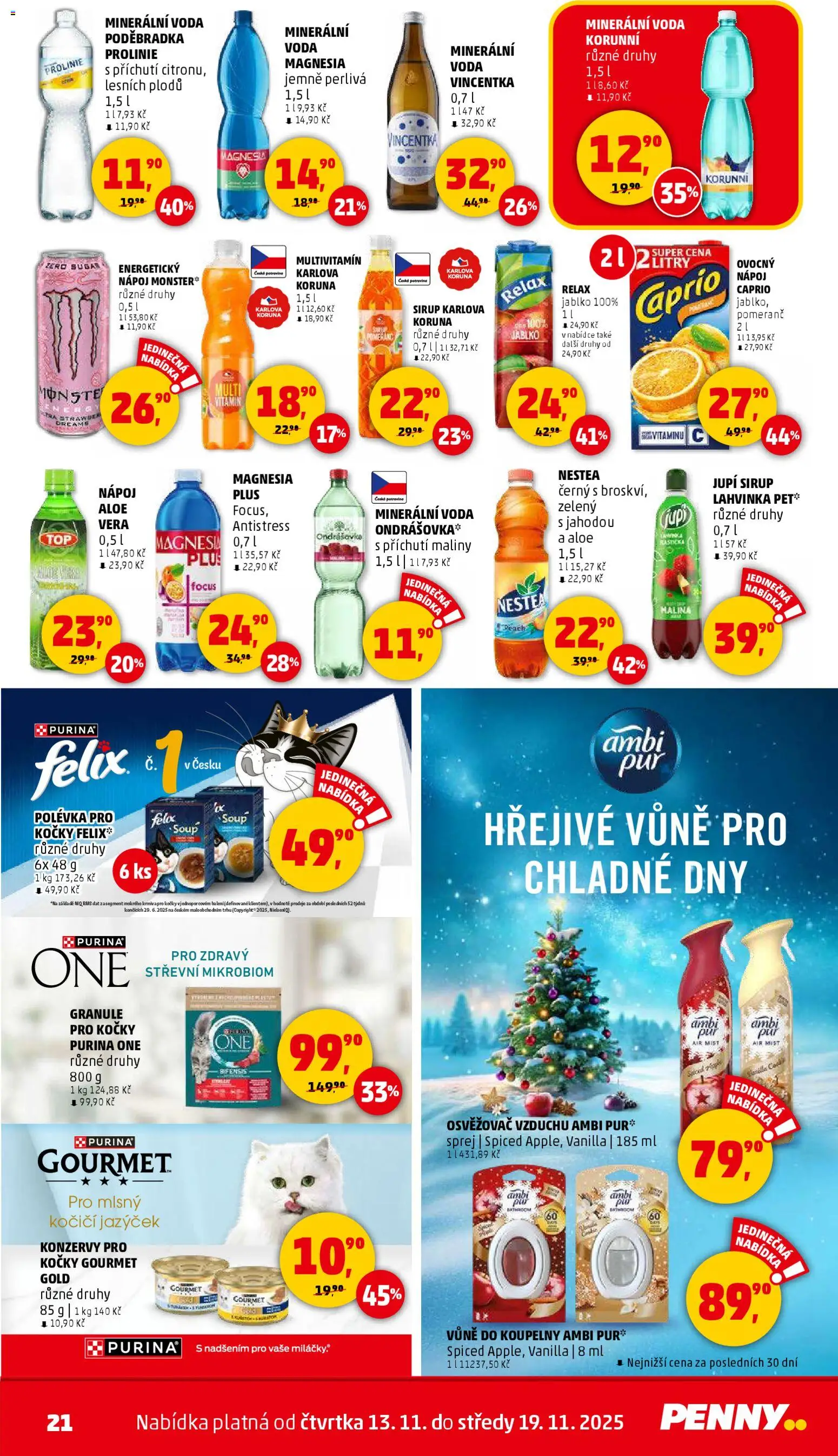 Penny Market leták - Čtvrtečník od 13.11.2025 | Strana: 21 | Produkty: Nestea, Gourmet Gold, Purina one, Minerální voda