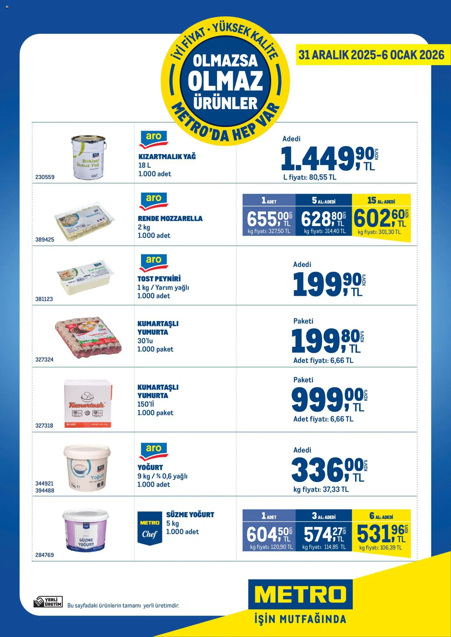 Metro - Olmazsa Olmaz Ürünler - 31.12.2025 tarihinden itibaren geçerlidir | Sayfa: 1 | Ürünler: Yoğurt, Yumurta, Rende, Yağ