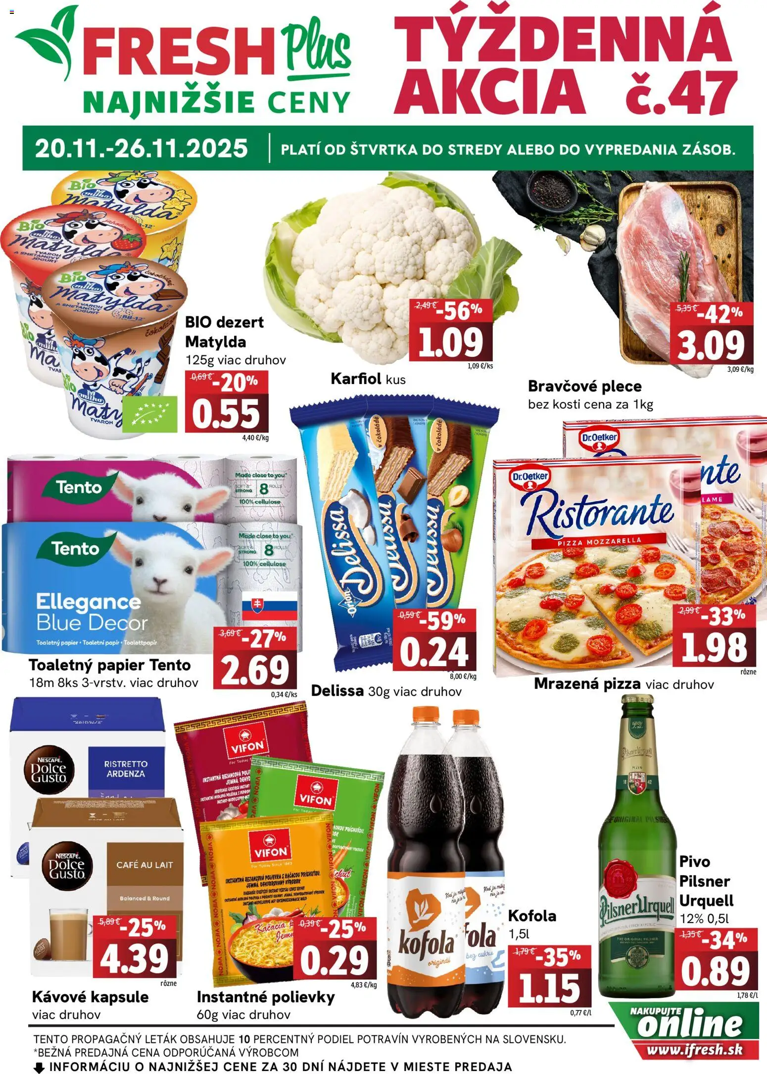 Nové Fresh akcie – leták je platný od 20.11.2025 | Strana: 1 | Produkty: Pivo, Karfiol, Toaletný papier, Tvaroh