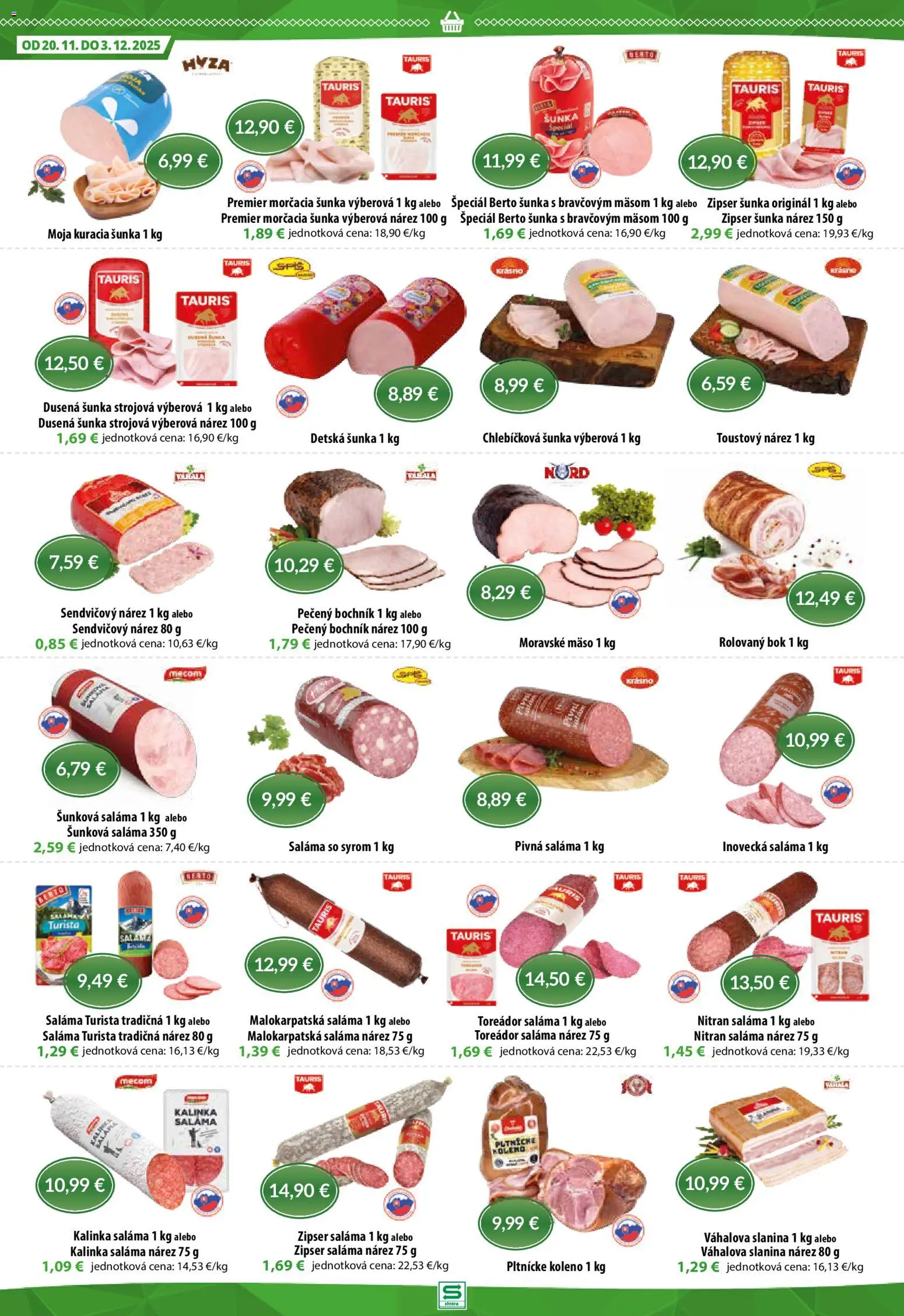 Nové Sintra akcie – leták je platný od 20.11.2025 | Strana: 2 | Produkty: Saláma, Šunka, Slanina