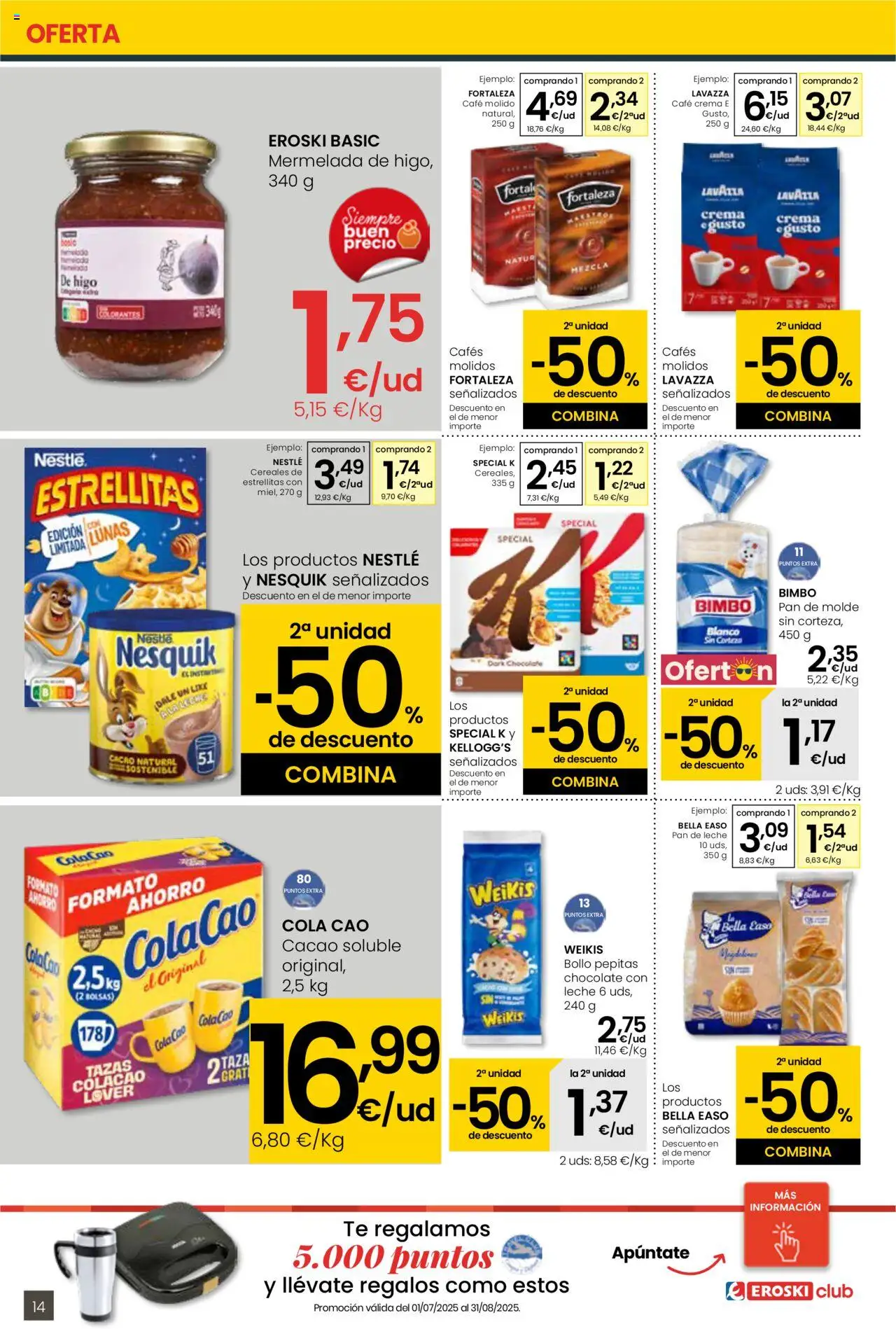 Eroski - Para conquistarte Center │ válido desde el 14.08.2025 | Página: 14 | Productos: Leche, Café, Pan de leche, Cacao soluble
