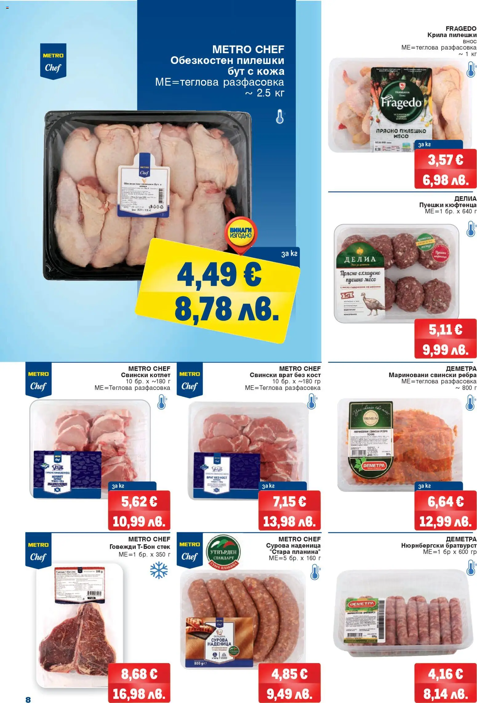 {H1} | Страница: 8 | Продукти: Наденица, Tortilla lap, Братвурст, Пилешко