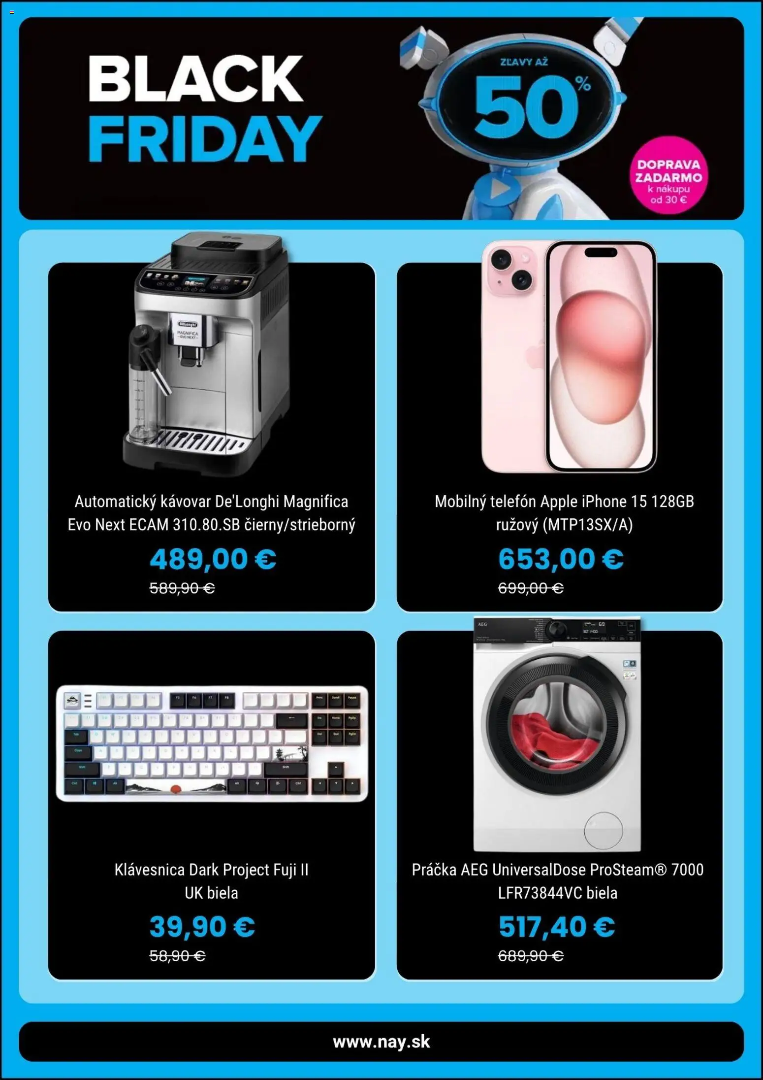 Nové NAY Elektrodom akcie – leták je platný od 04.11.2025 | Strana: 2 | Produkty: Automatický kávovar, Telefón, Klávesnica, Kávovar
