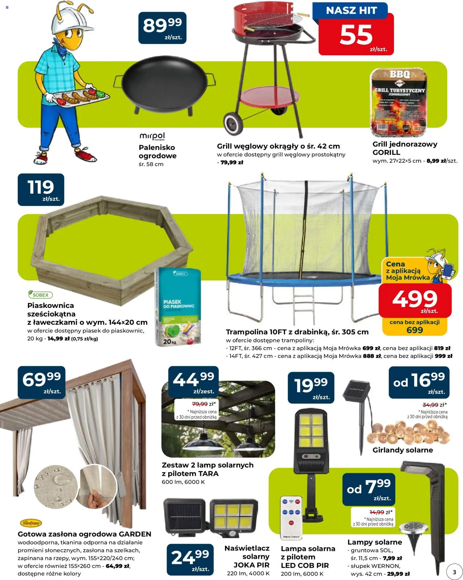 Mrówka gazetka - Malbork od 23.04.2026 | Strona: 3 | Produkty: Lampa solarna, Grill, Trampolina, Lampa
