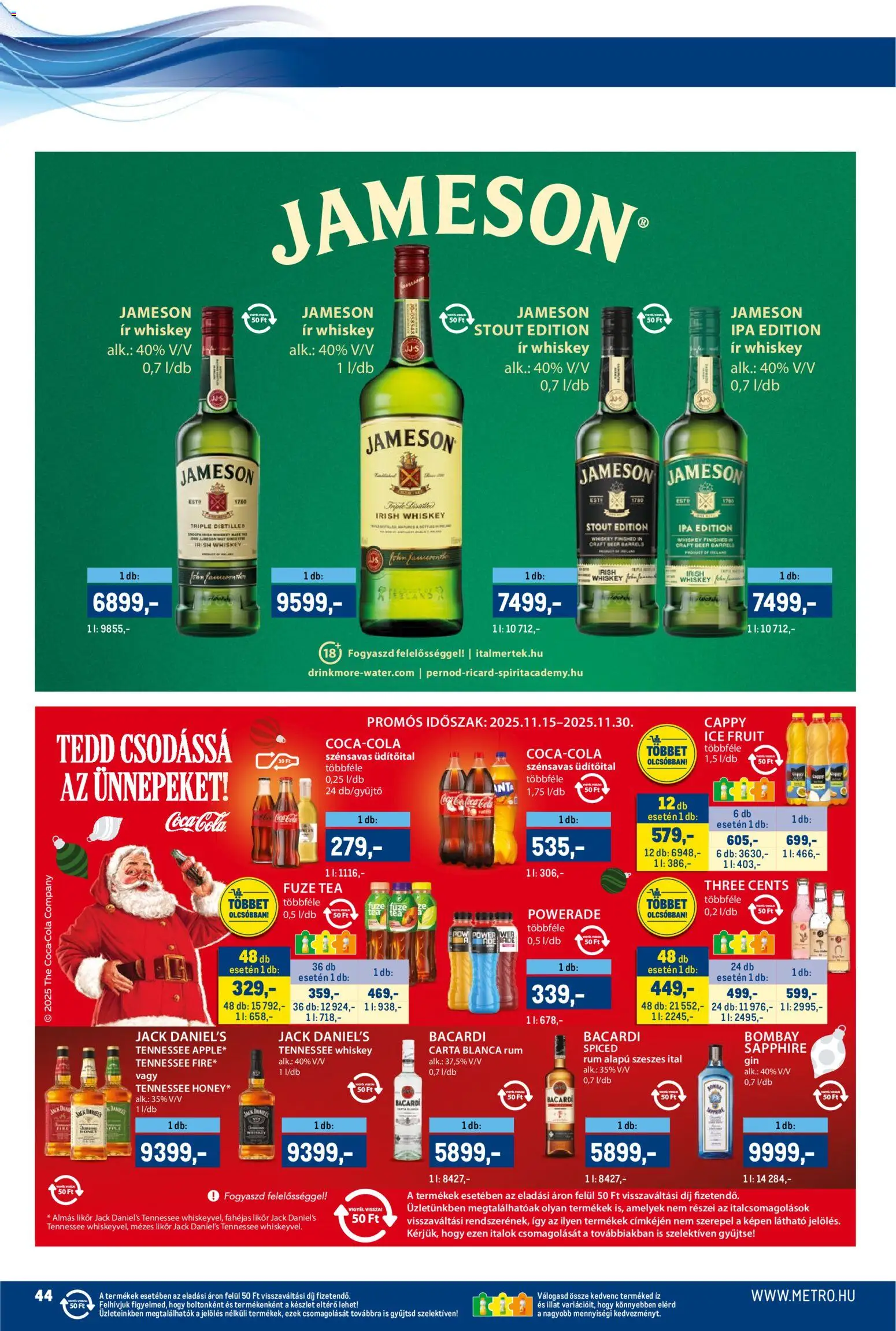 Metro akciós ujság - amely érvényes a következő dátumtól: 15.11.2025 | Oldal: 44 | Termékek: Jameson, Bacardi, Tea, Likőr