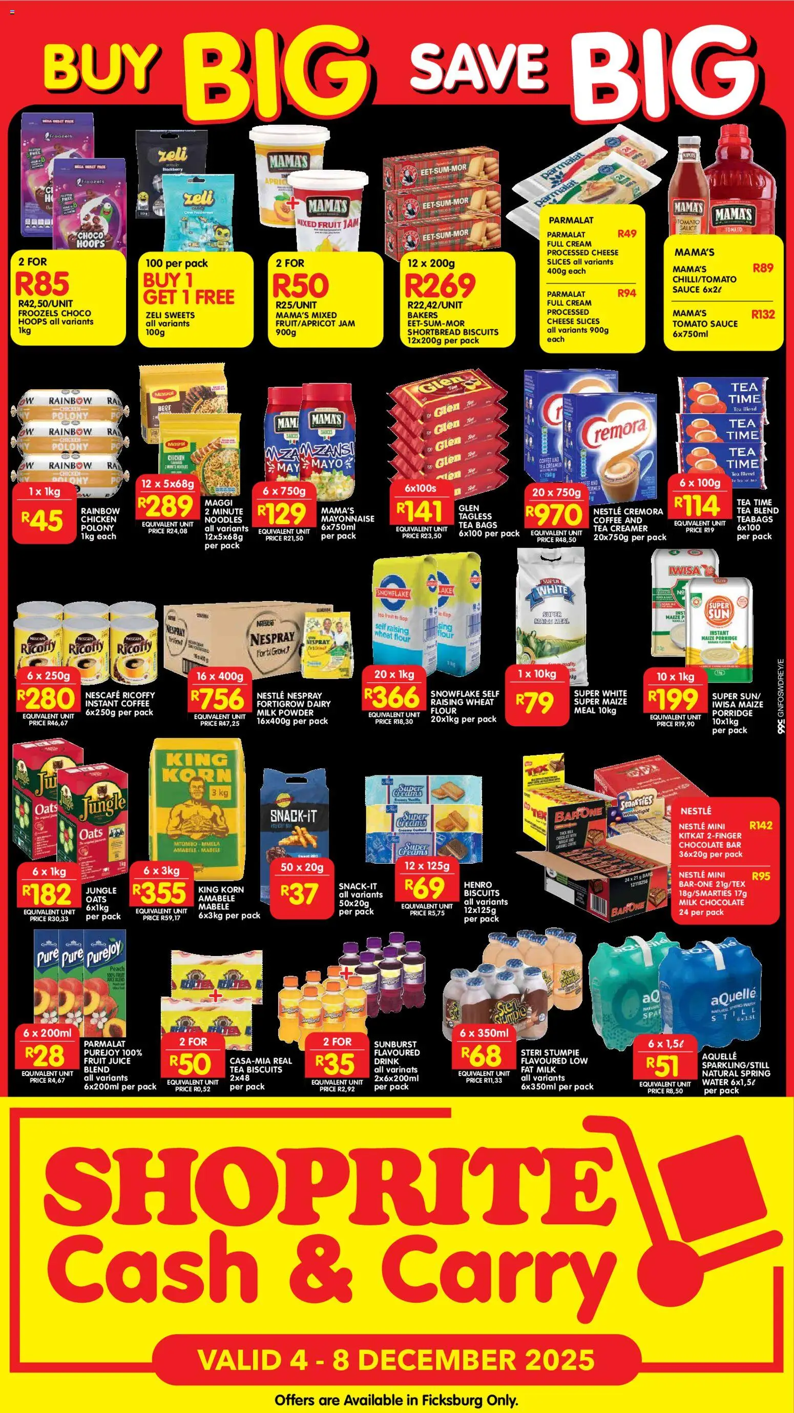 New Shoprite catalogue – valid from 04.12.2025 | Page: 2 | Products: Maize meal, Biscuits, Noodles, Tomato sauce