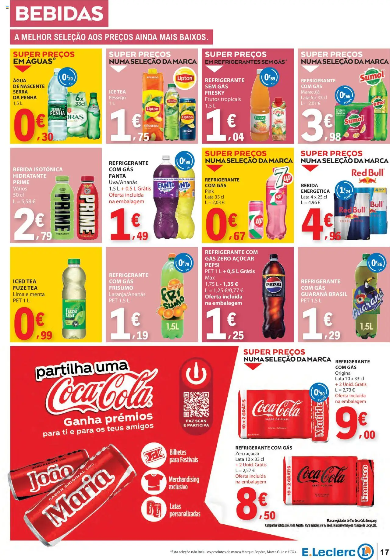 E.Leclerc folheto │ válido de 07.08.2025 | Página: 17 | Produtos: Agua, Refrigerante, Fanta, Bebida