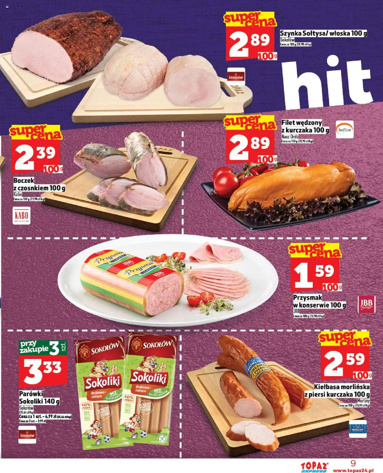 Topaz Gazetka - Express od 23.10.2025 | Strona: 9 | Produkty: Kiełbasa, Parówki, Szynka, Filet wędzony z kurczaka