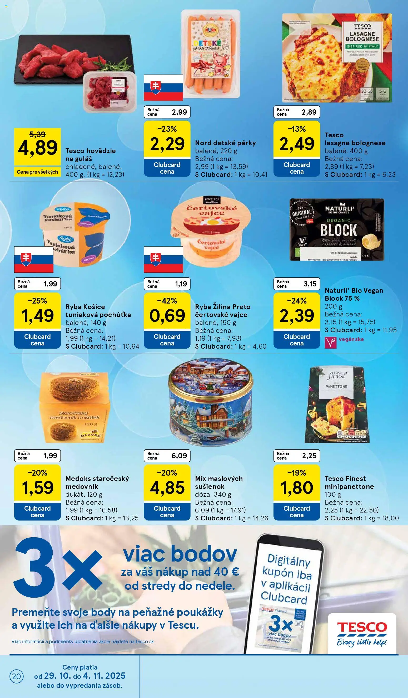 Nové Tesco akcie – leták je platný od 29.10.2025 | Strana: 20 | Produkty: Ryba, Párky, Lasagne
