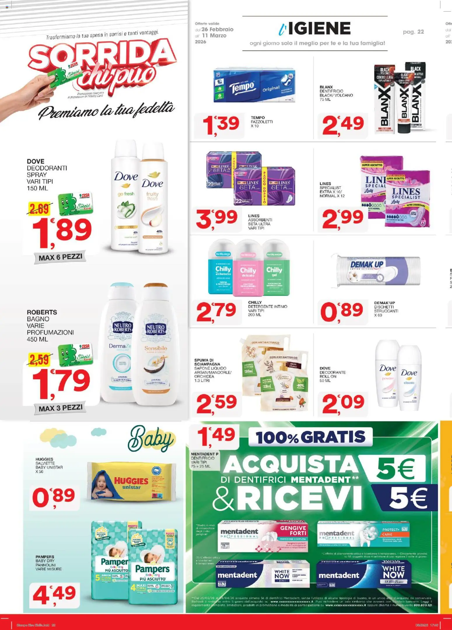 Volantino SISA del 26.02.2026 | Pagina: 22 | Prodotti: Deodorante, Fazzoletti, Pampers, Stampa