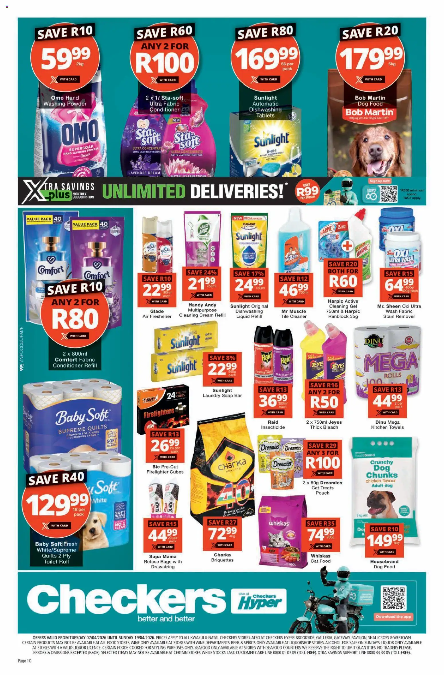 New Checkers catalogue – valid from 07.04.2026 | Page: 10 | Products: Bleach, Soap, Seafood, Dog food