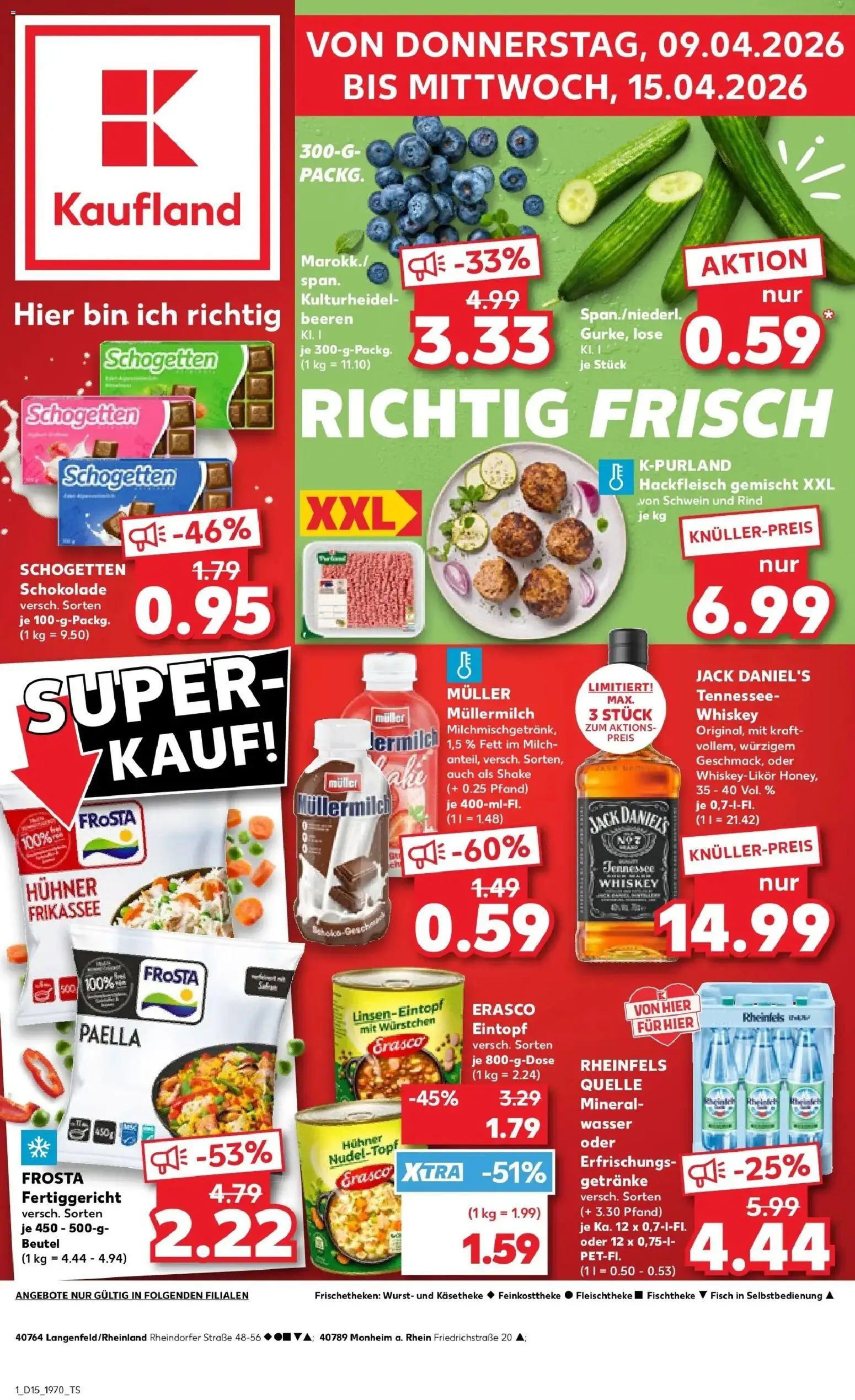 Kaufland Prospekt Monheim Am Rhein	 – gültig ab 08.04.2026 | Seite: 1 | Produkte: Frosta, Wurst, Schogetten, Rheinfels quelle