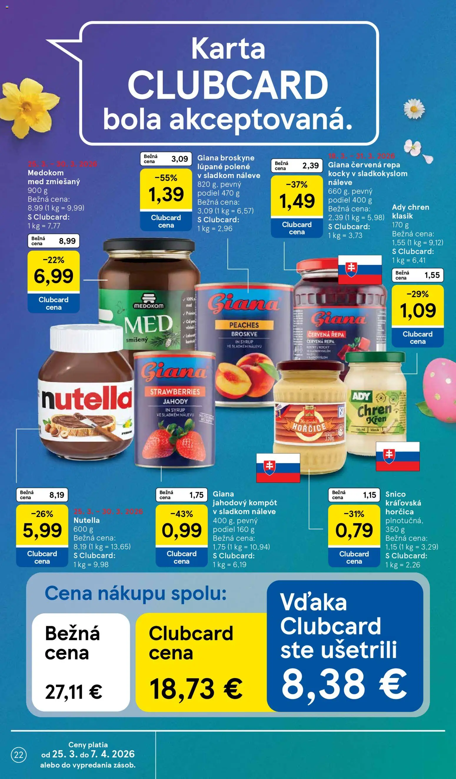 Nové Tesco akcie – leták je platný od 25.03.2026 | Strana: 22 | Produkty: Jahody, Červená repa, Med, Nutella
