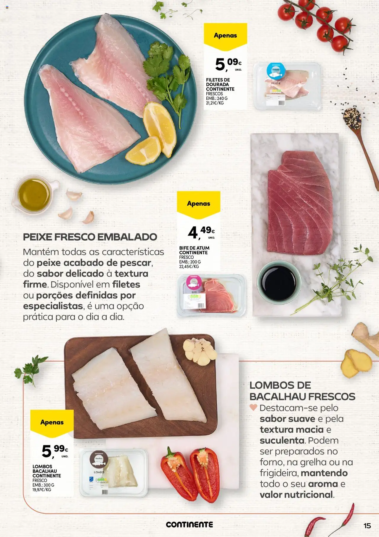 Continente - Frescos: O outono vem cheio de sabor │ válido de 21.10.2025 | Página: 15 | Produtos: Dourada, Atum, Bacalhau, Lombo