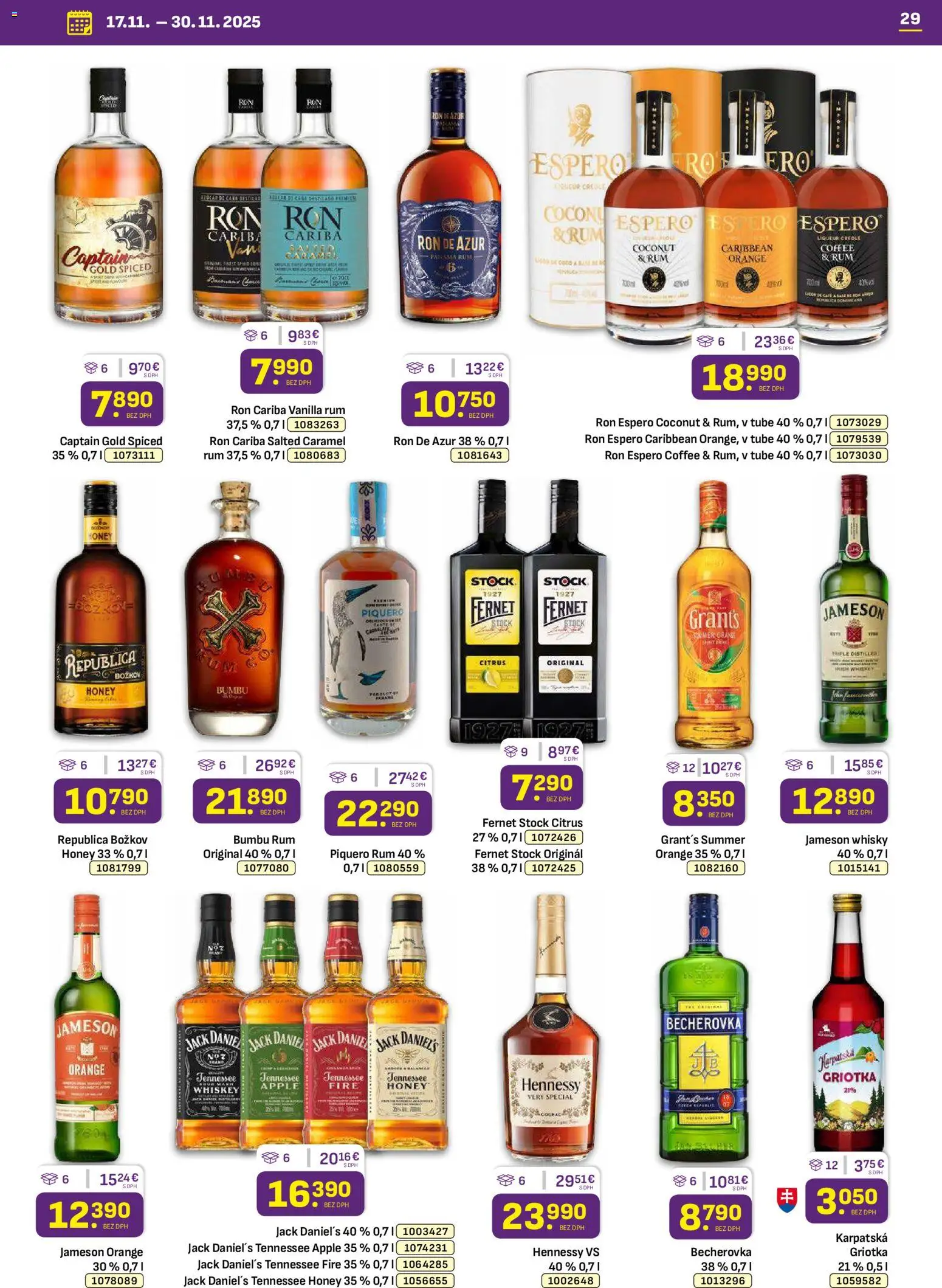 Nové Libex akcie – leták je platný od 17.11.2025 | Strana: 29 | Produkty: Becherovka, Božkov, Whisky, Jack Daniel's