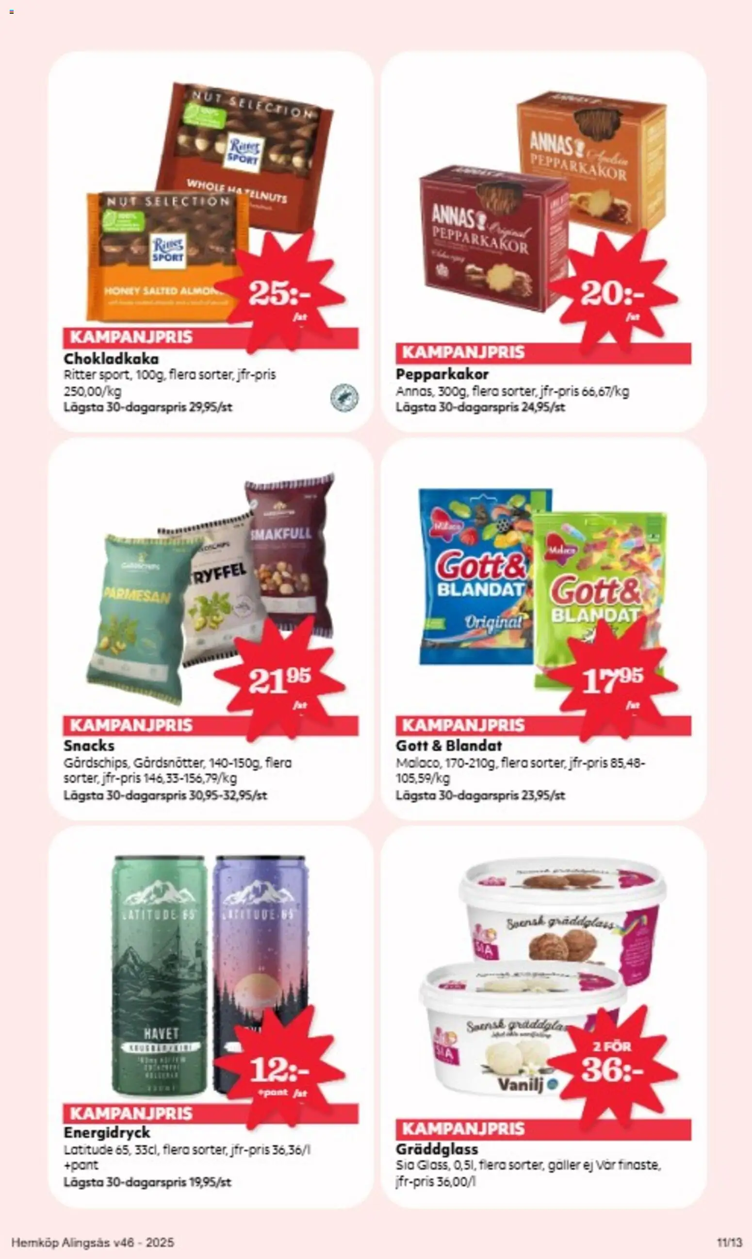 Hemköp reklamblad aktuell från 10.11.2025 | Sida: 11 | Produkter: Chokladkaka, Galler, Energidryck, Glass