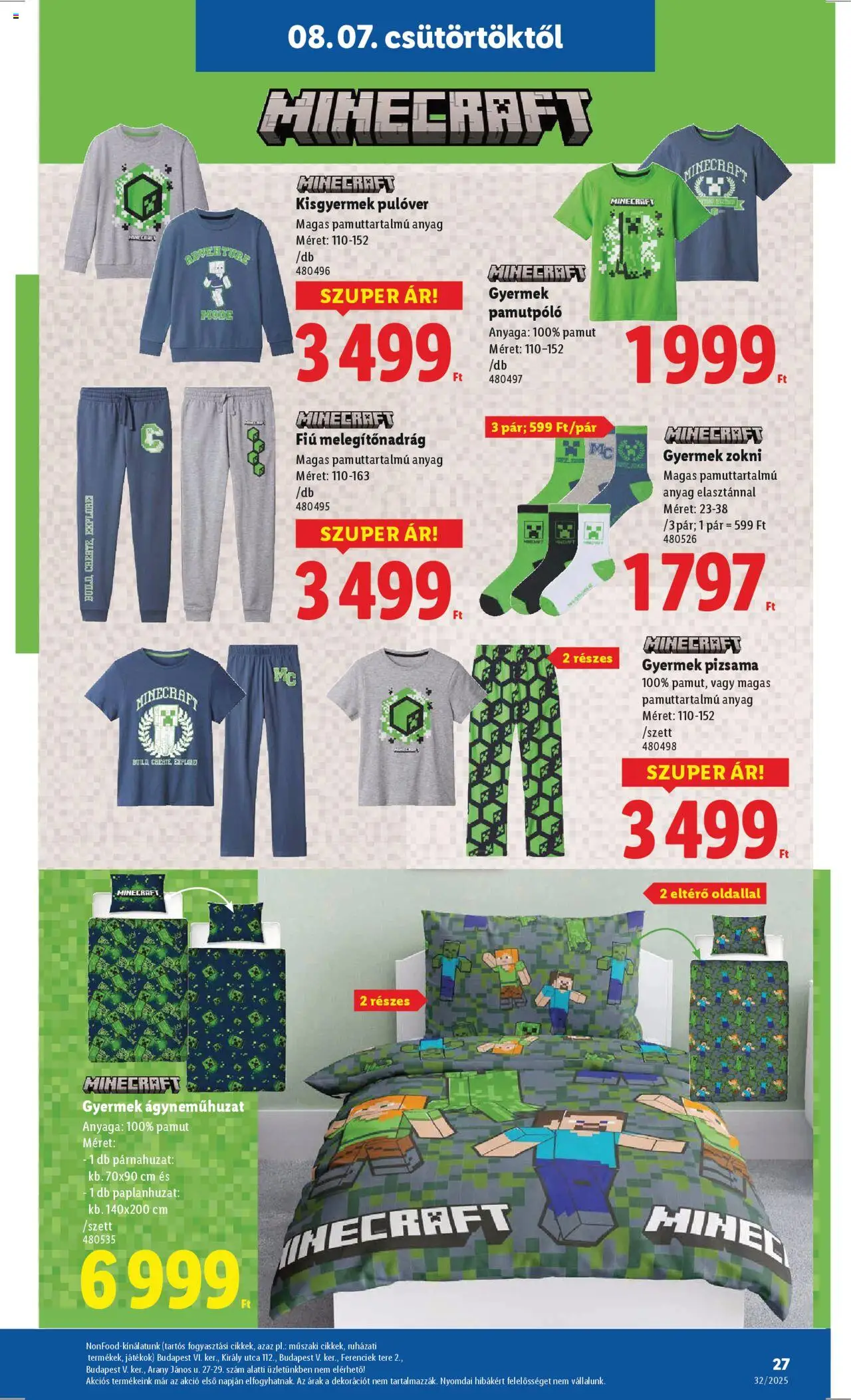 Lidl akciós ujság - amely érvényes a következő dátumtól: 07.08.2025 | Oldal: 27 | Termékek: Párnahuzat, Játékok, Zokni, Pizsama
