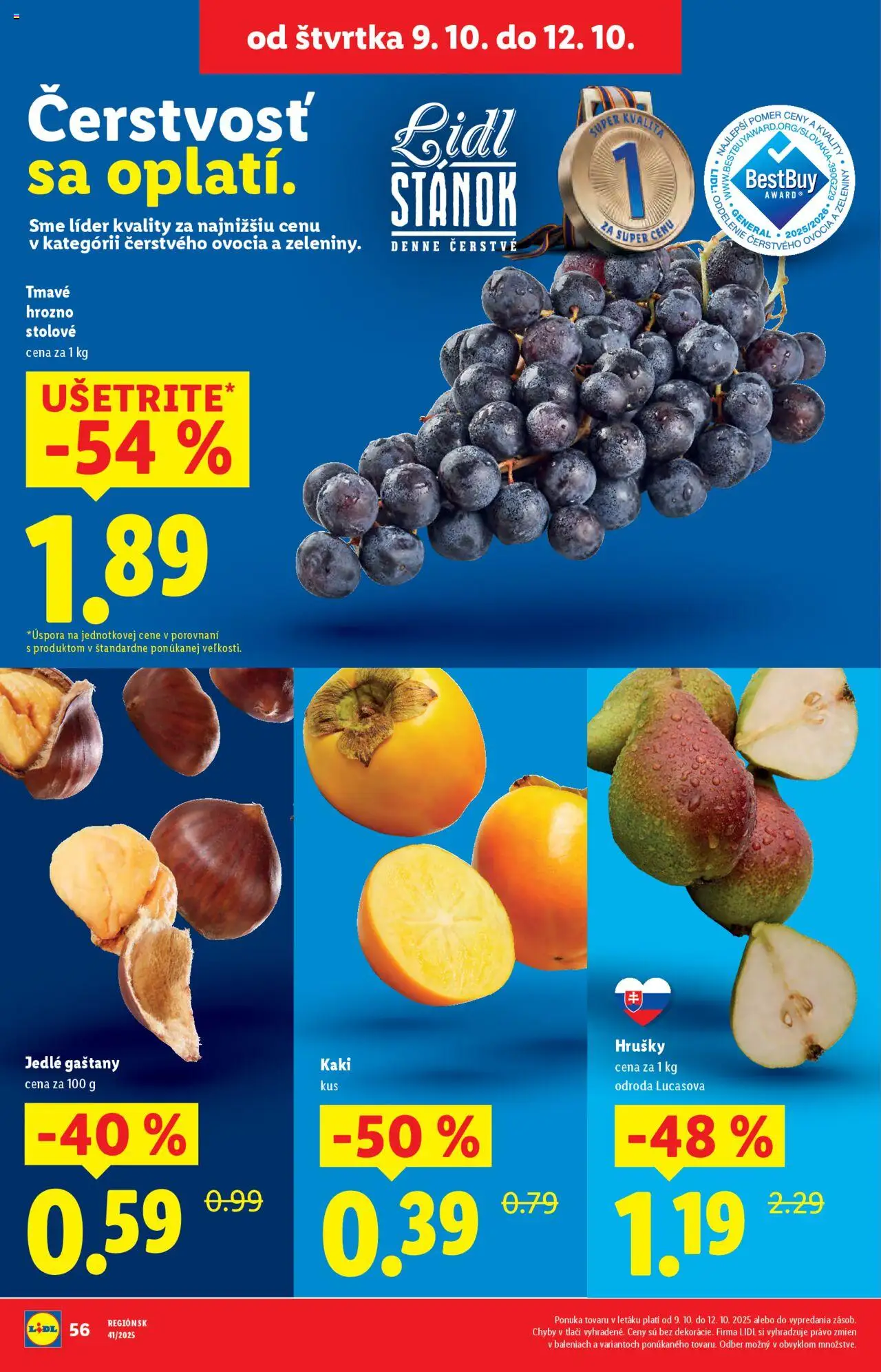 Nové Lidl akcie – leták je platný od 09.10.2025 | Strana: 10 | Produkty: Gaštany, Kaki, Hrušky, Hrozno