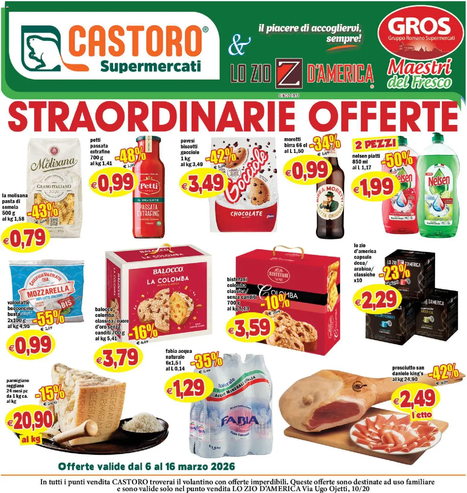 Volantino Il Castoro del 06.03.2026 | Pagina: 1 | Prodotti: Biscotti, Mozzarella, Prosciutto, Parmigiano