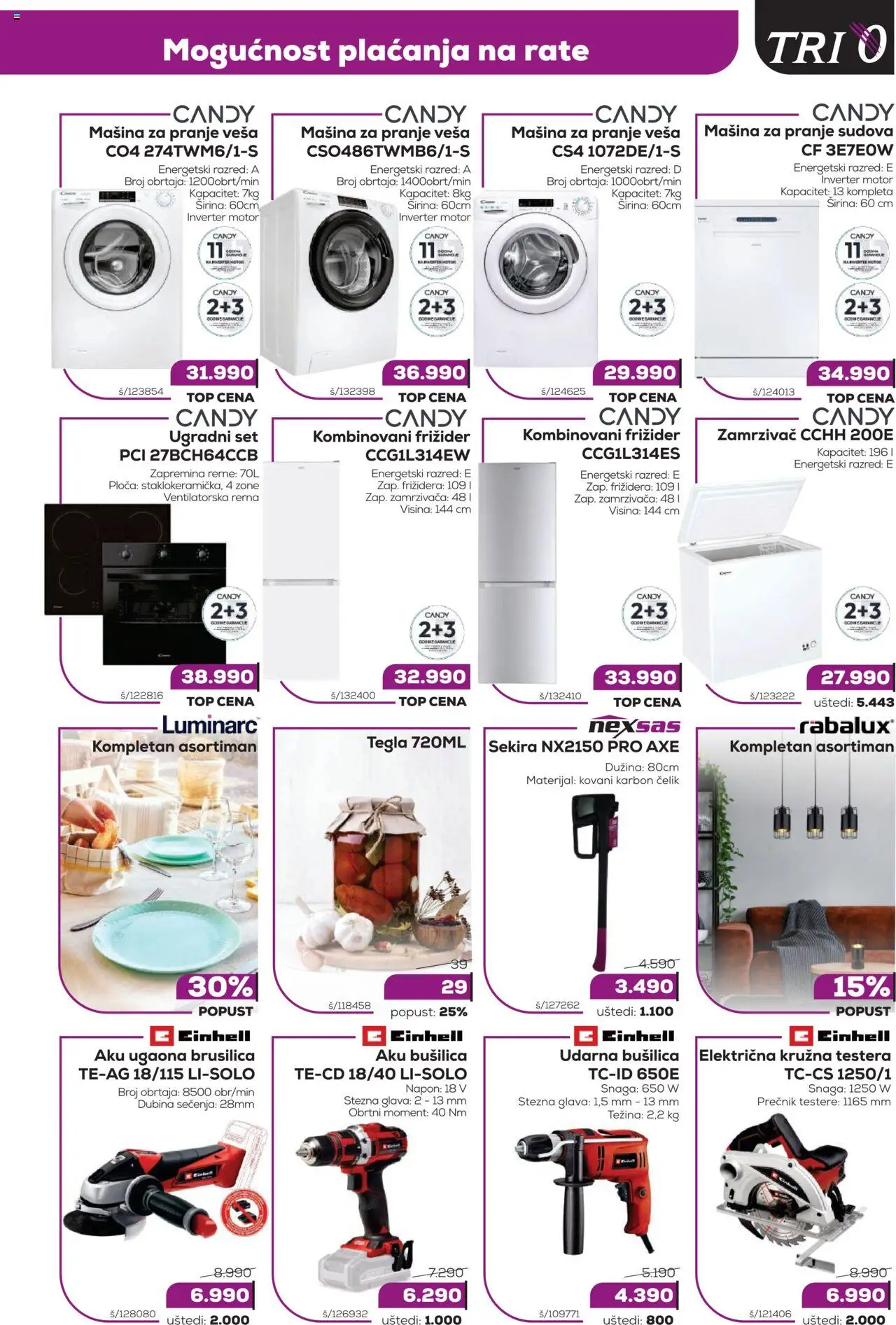 Tri O katalog - važi od 15.08.2025 | Strana: 3 | Proizvode: Kombinovani frižider, Bušilica, Rerna, Tegla