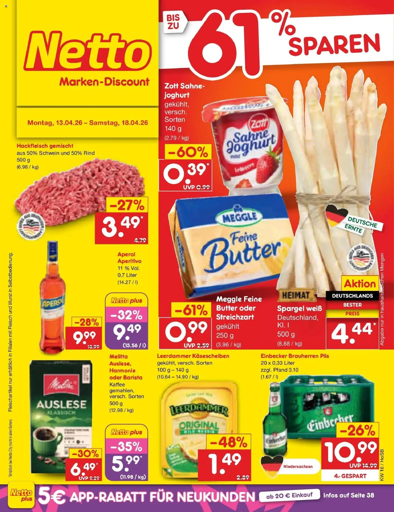 Netto Marken-Discount Prospekt Hannover	 – gültig ab 13.04.2026 | Seite: 1 | Produkte: Butter, Wurst, Aperol, Fleisch
