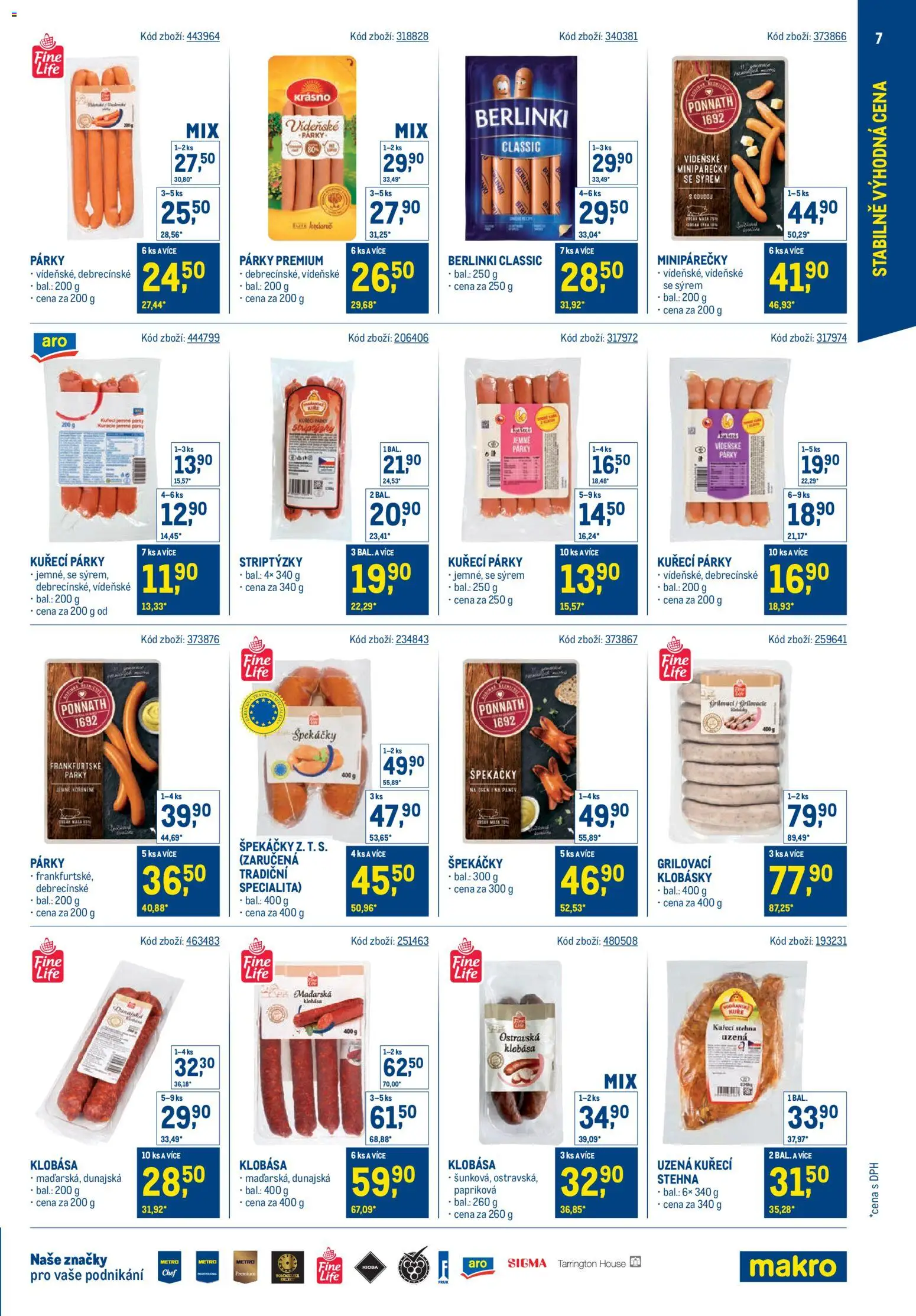 Makro leták - Stabilně výhodná cena - maloobchod od 24.09.2025 | Strana: 7 | Produkty: Párky, Klobása, Klobásky, Kuřecí stehna