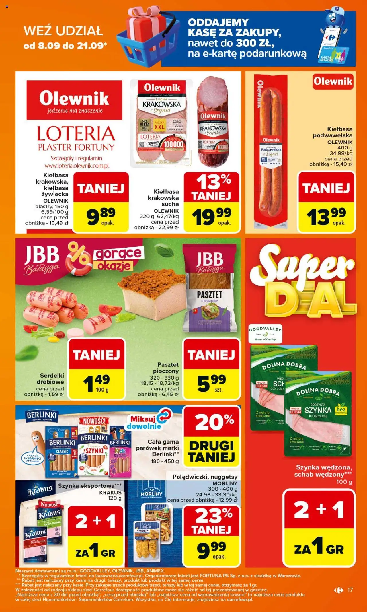 Carrefour Gazetka od 15.09.2025 | Strona: 17 | Produkty: Schab, Kebab, Szynka, Kiełbasa podwawelska
