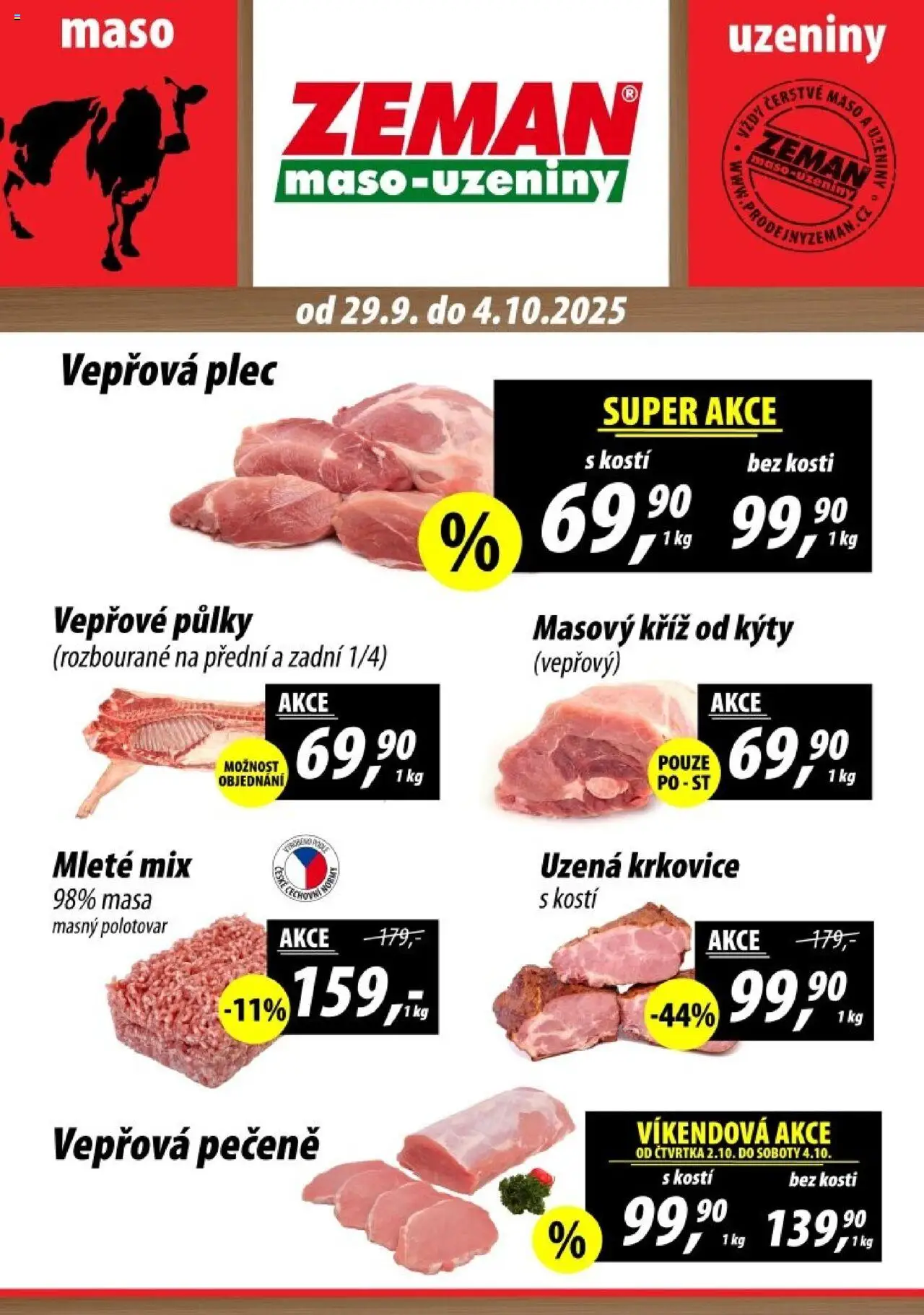 Prodejny Zeman leták - Praha, Hořice, Úvaly od 29.09.2025 | Strana: 1 | Produkty: Vepřové půlky, Maso, Vepřová plec, Krkovice