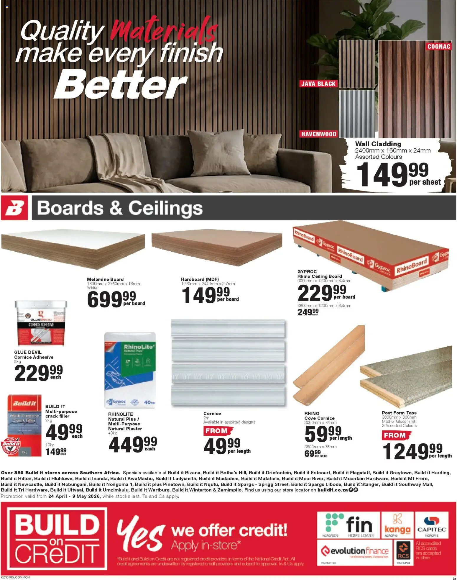 New Build It catalogue – valid from 24.04.2026 | Page: 5 | Products: Gloss, Cladding, Crack filler, Plaster