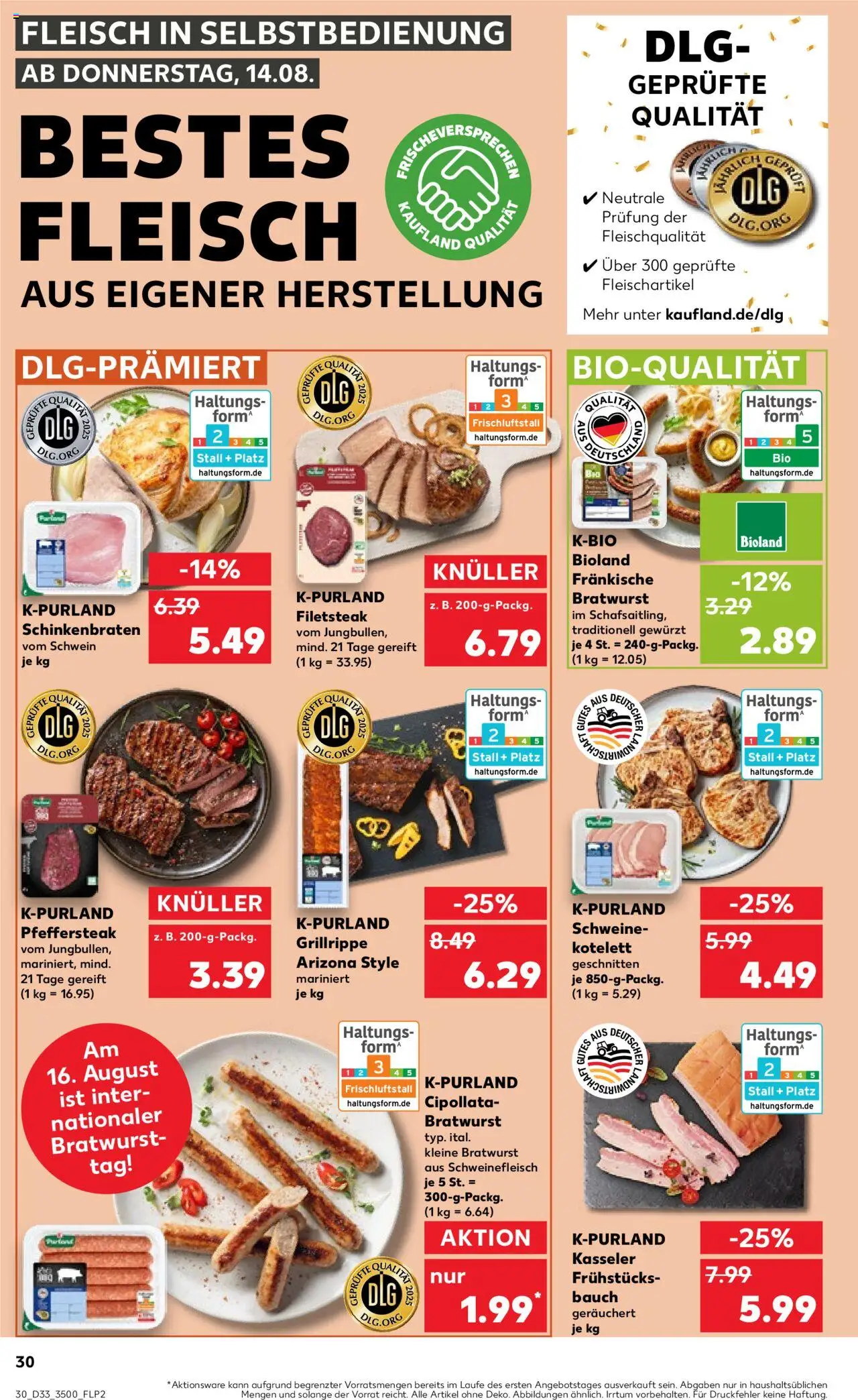 Kaufland prospekt Jena	 - gültig ab dem 14.08.2025 | Seite: 30 | Produkte: Bratwurst, Schweinefleisch, Steak, Fleisch
