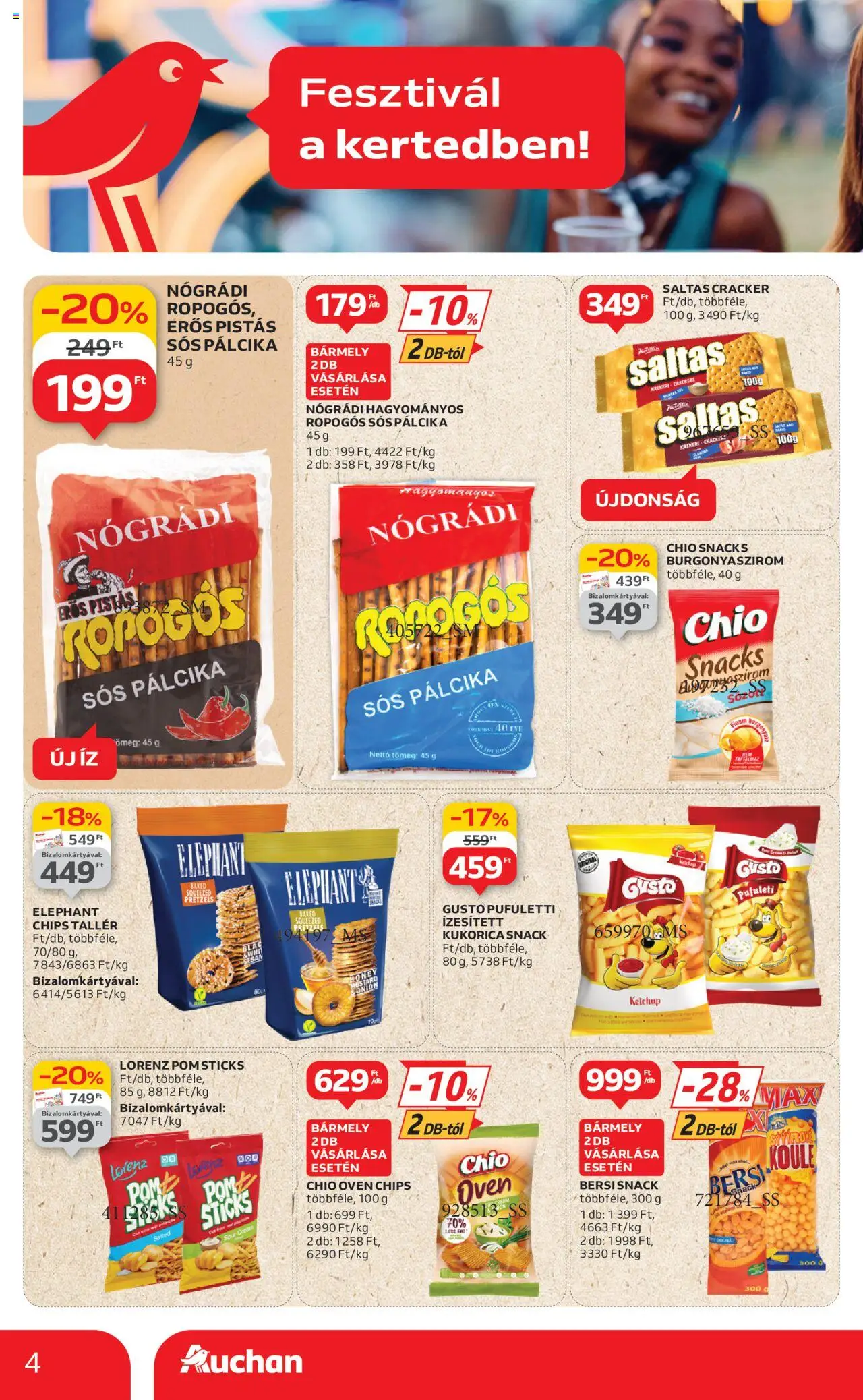 Auchan akciós ujság - amely érvényes a következő dátumtól: 19.06.2025 | Oldal: 4 | Termékek: Chips, Burgonyaszirom, Sós pálcika, Ketchup