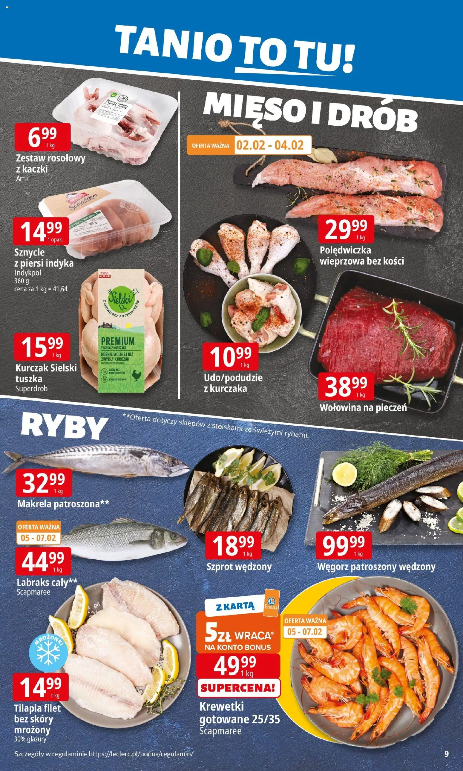 E.Leclerc Gazetka od 02.02.2026 | Strona: 9 | Produkty: Piersi, Mięso, Tilapia, Wołowina